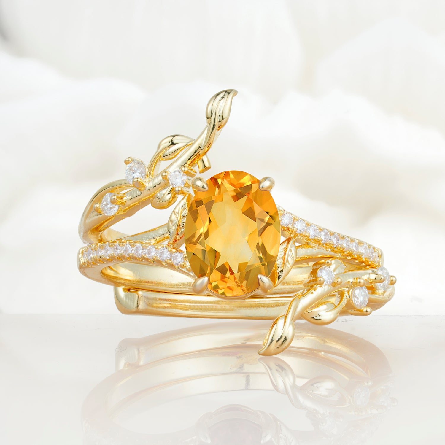 Nature-Inspired Oval Cut Citrine Bridal Ring Set for Proposa