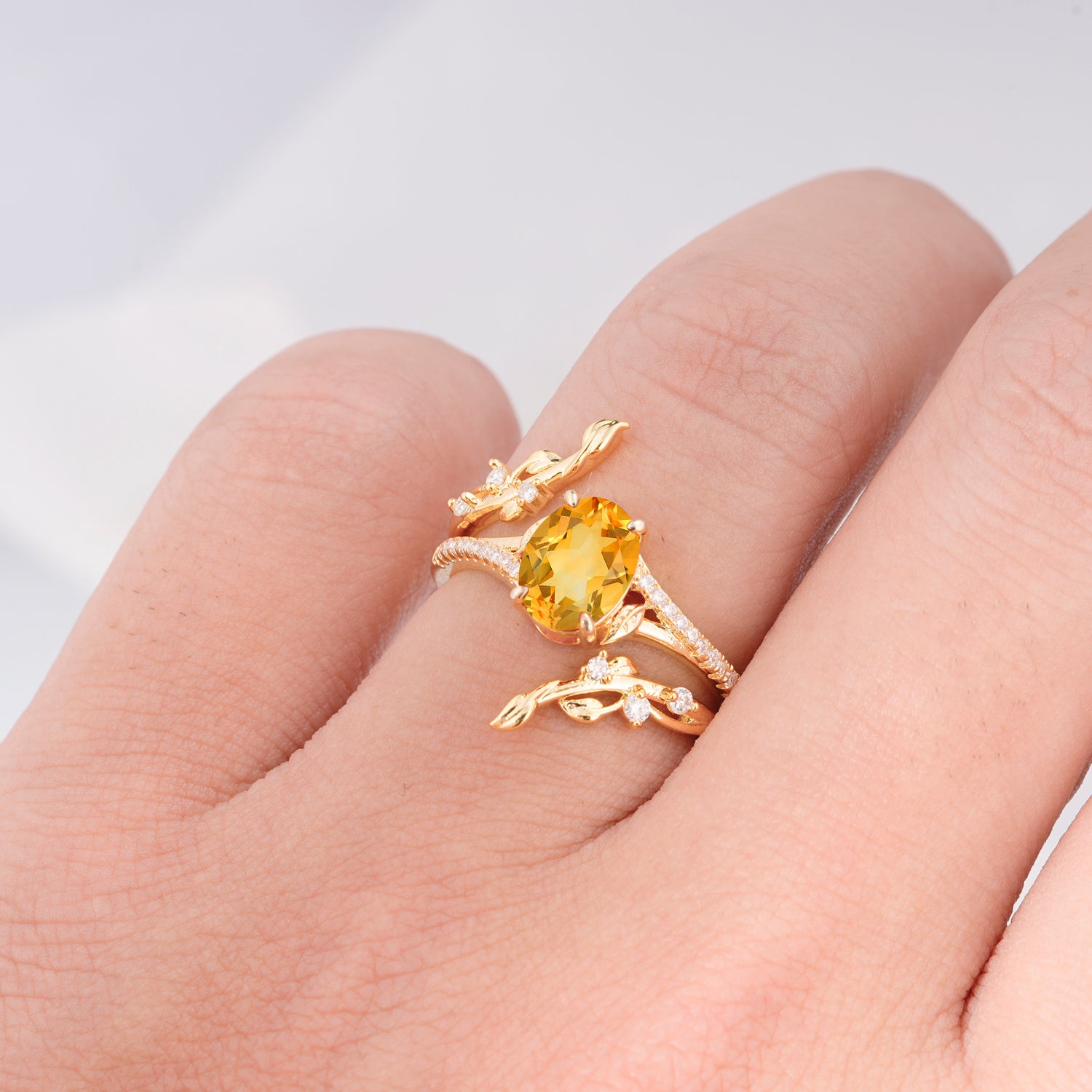 Nature-Inspired Oval Cut Citrine Bridal Ring Set for Proposa