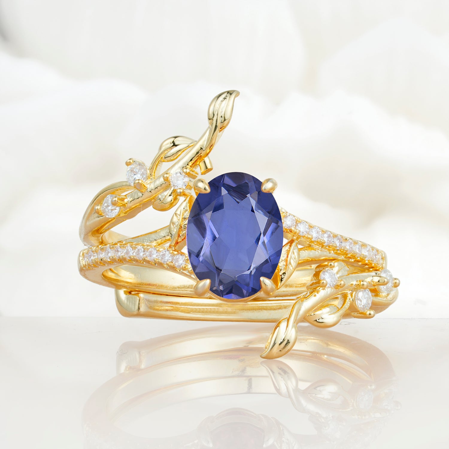 Nature-Inspired Oval Cut Tanzanite Bridal Ring Set for Proposa