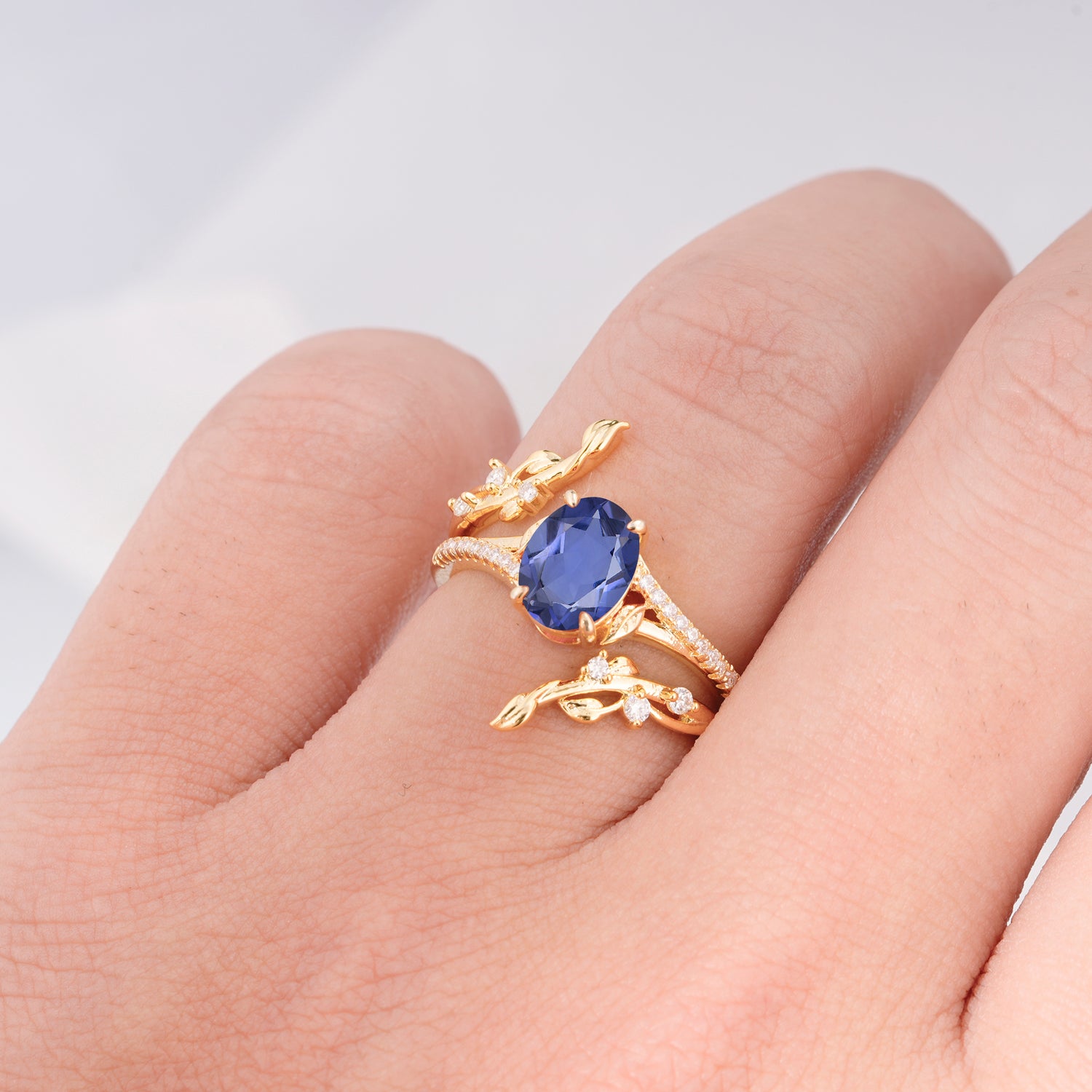 Nature-Inspired Oval Cut Tanzanite Bridal Ring Set for Proposa