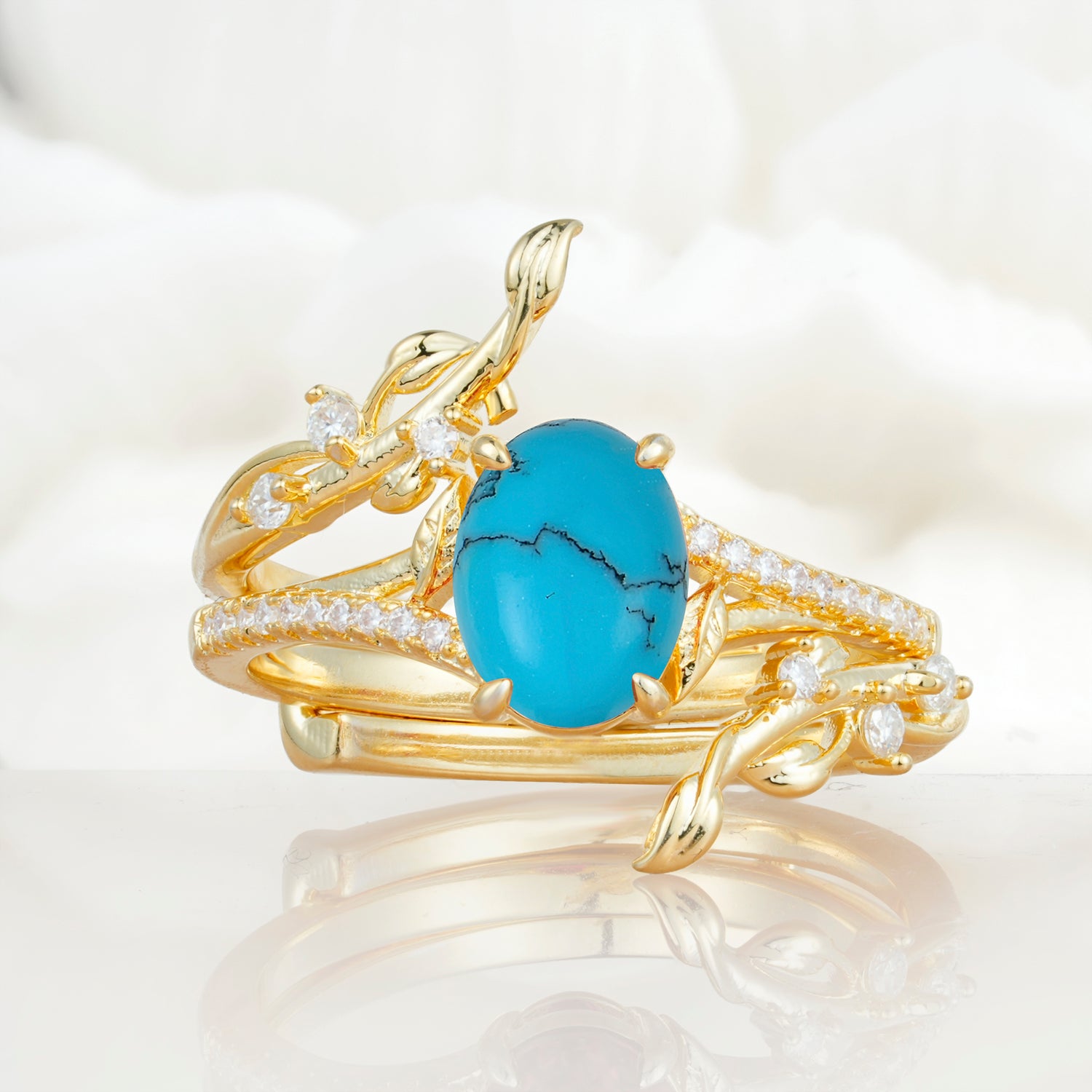Nature-Inspired Oval Cut Turquoise Bridal Ring Set for Proposa