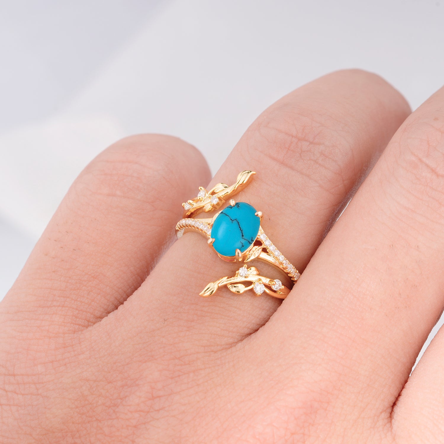 Nature-Inspired Oval Cut Turquoise Bridal Ring Set for Proposa