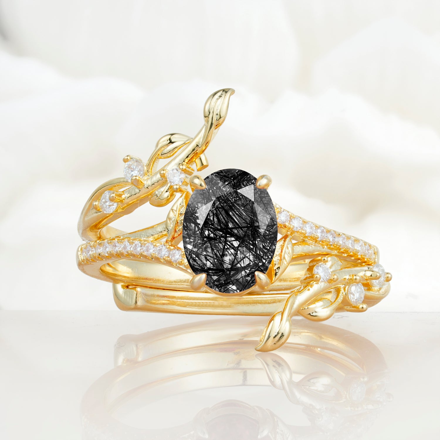 Nature-Inspired Oval Cut Black Rutilated Quartz Bridal Ring Set for Proposa