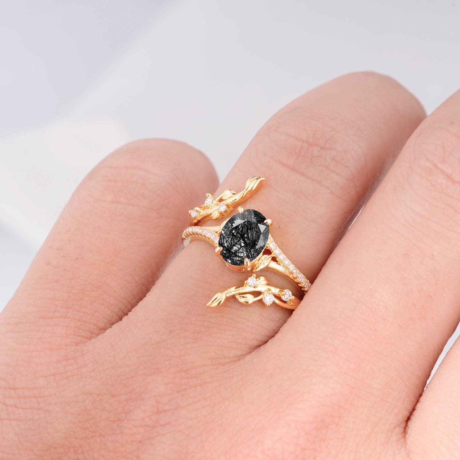 Nature-Inspired Oval Cut Black Rutilated Quartz Bridal Ring Set for Proposa