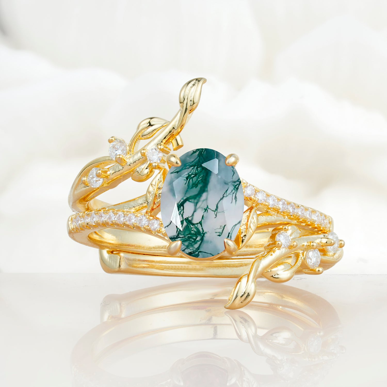 Nature-Inspired Oval Cut Moss Agate Bridal Ring Set for Proposa