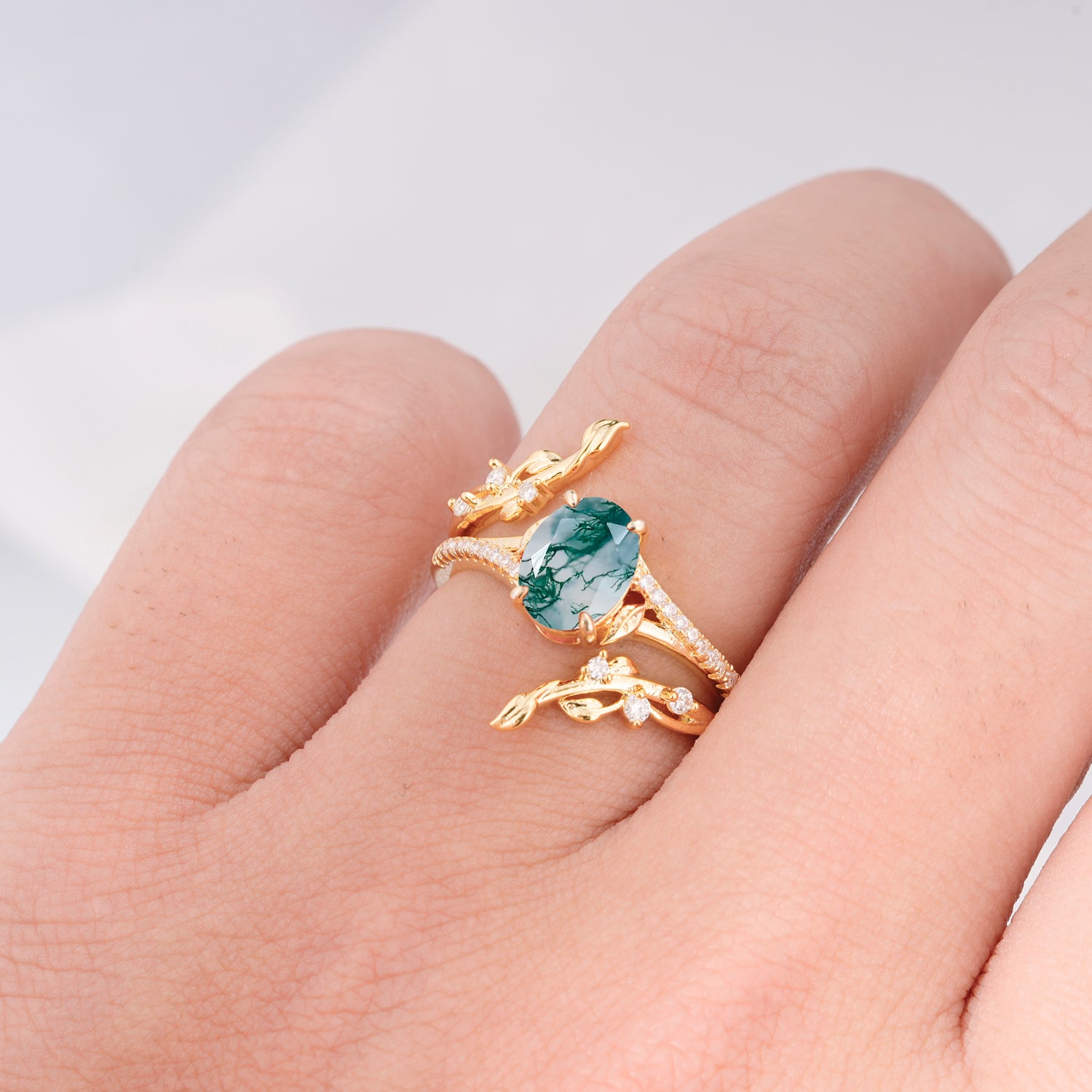 Nature-Inspired Oval Cut Moss Agate Bridal Ring Set for Proposa