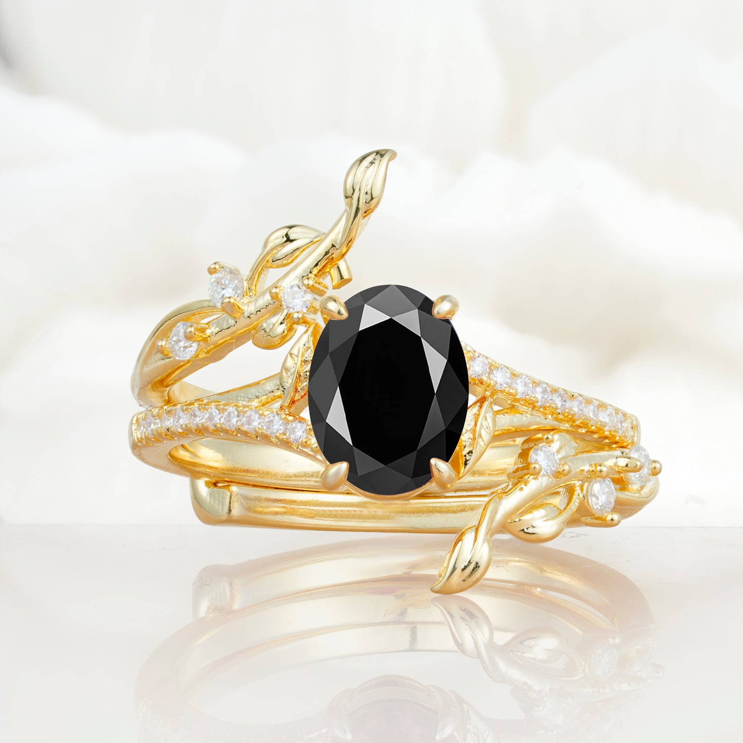 Nature-Inspired Oval Cut Black Onyx Bridal Ring Set for Proposa