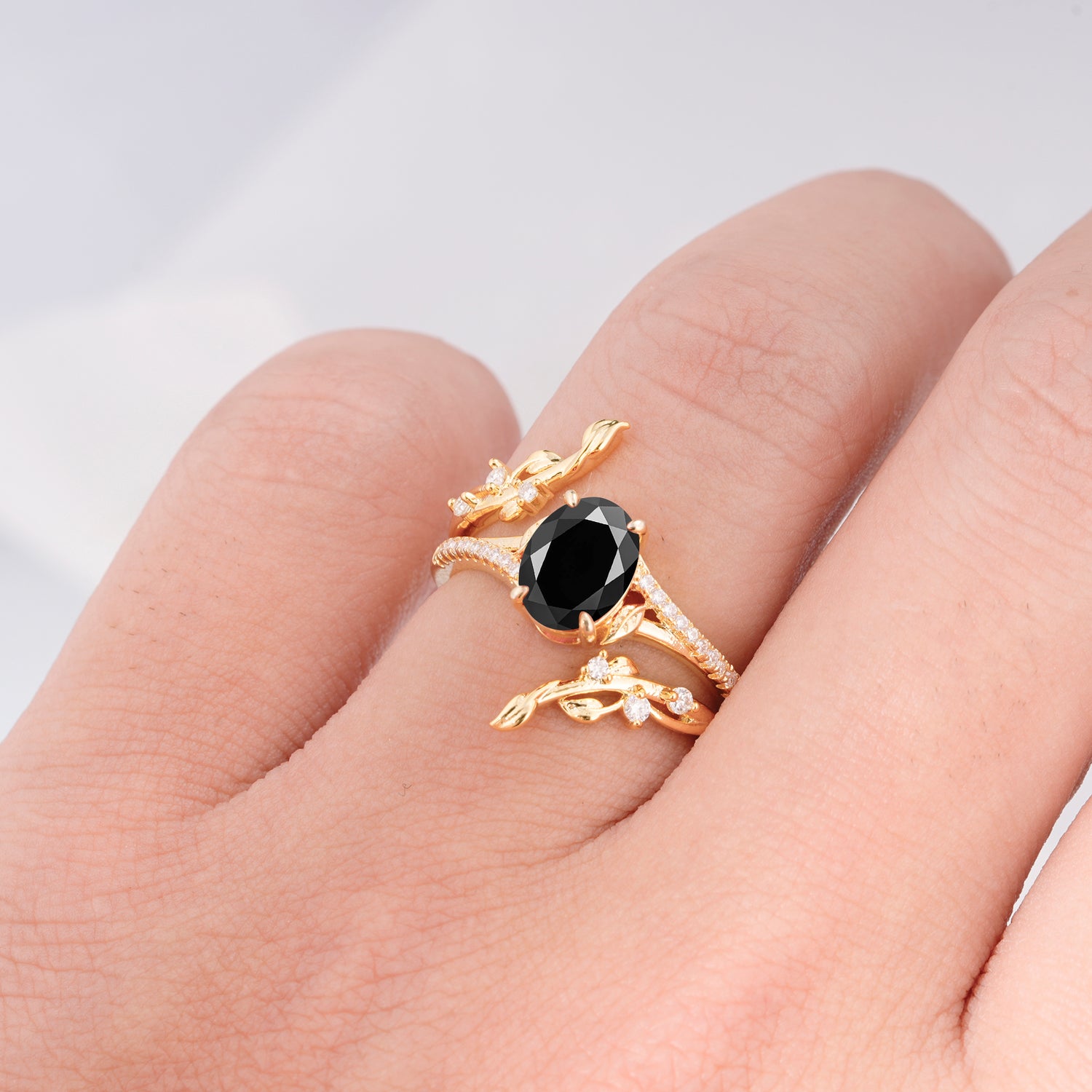 Nature-Inspired Oval Cut Black Onyx Bridal Ring Set for Proposa