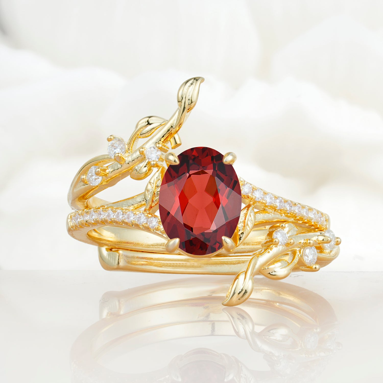 Nature-Inspired Oval Cut Garnet Bridal Ring Set for Proposal
