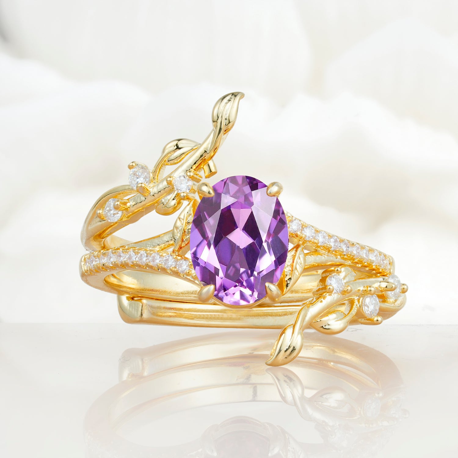Nature-Inspired Oval Cut Amethyst Bridal Ring Set for Proposal