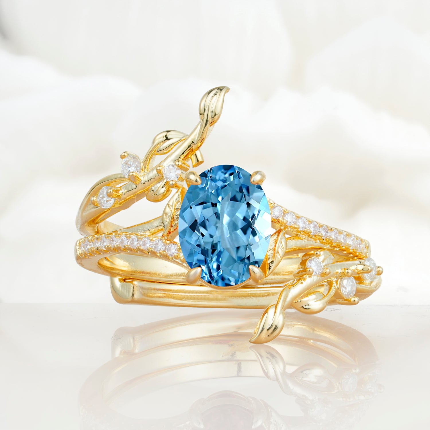 Nature-Inspired Oval Cut Aquamarine Bridal Ring Set for Proposa