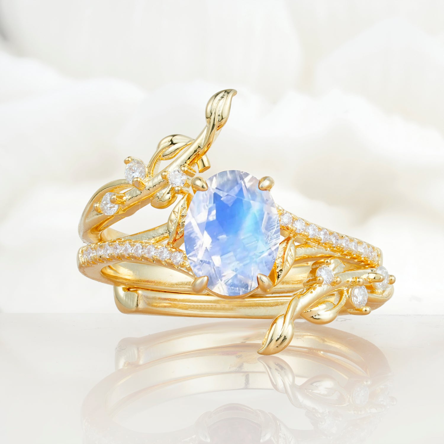 Nature-Inspired Oval Cut Moonstone Bridal Ring Set for Proposa