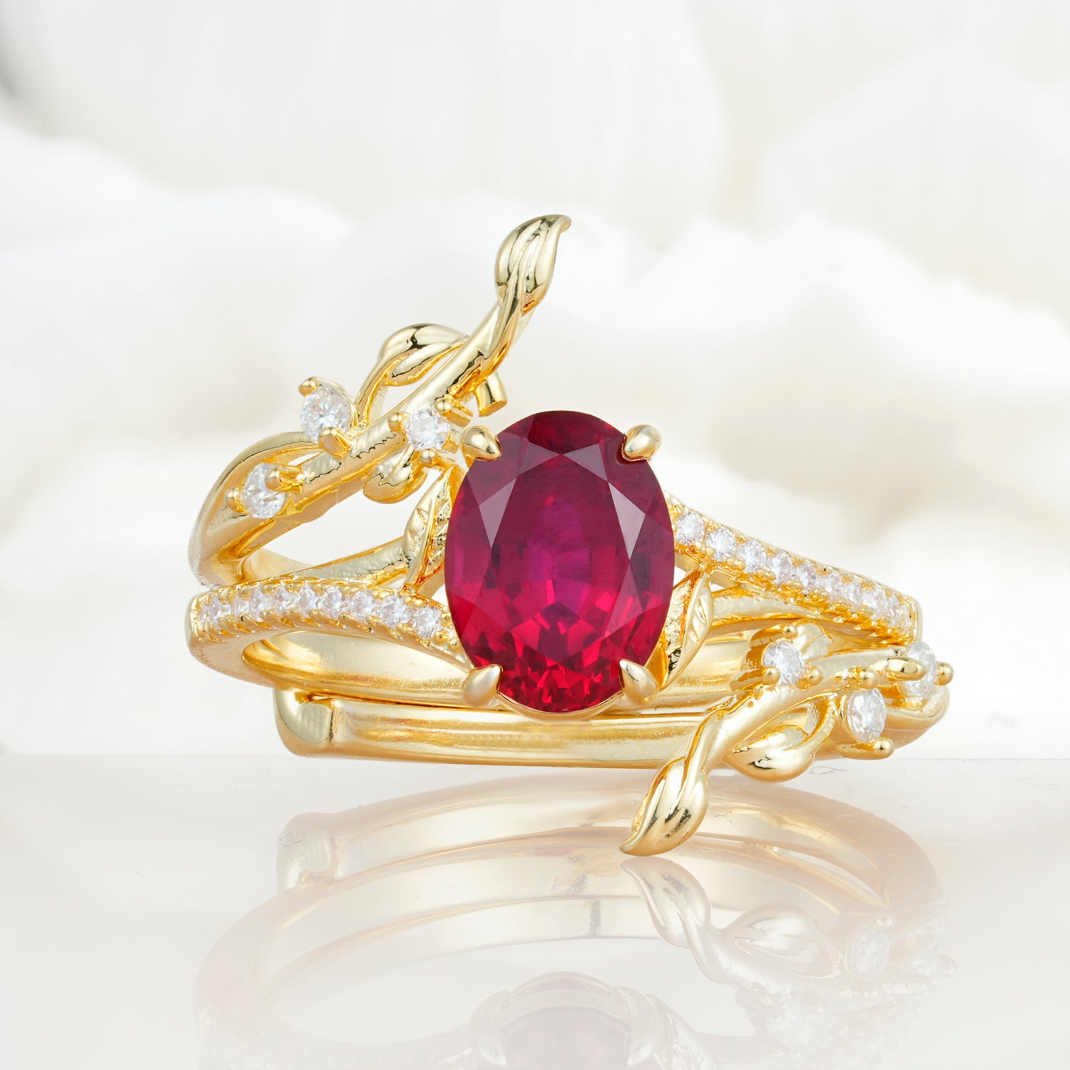 Nature-Inspired Oval Cut Ruby Bridal Ring Set for Proposa