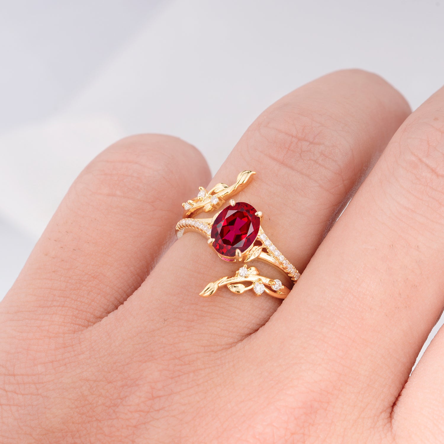 Nature-Inspired Oval Cut Ruby Bridal Ring Set for Proposa