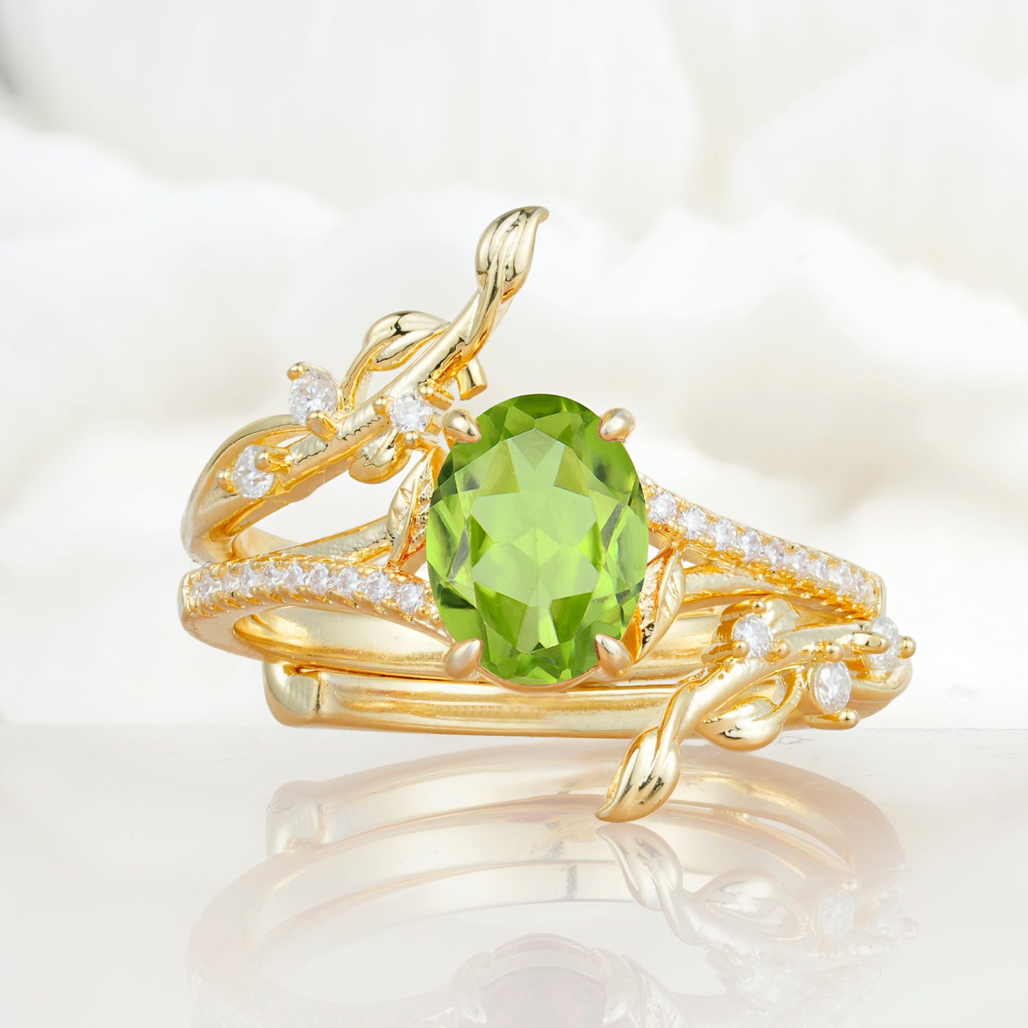 Nature-Inspired Oval Cut Peridot Bridal Ring Set for Proposa