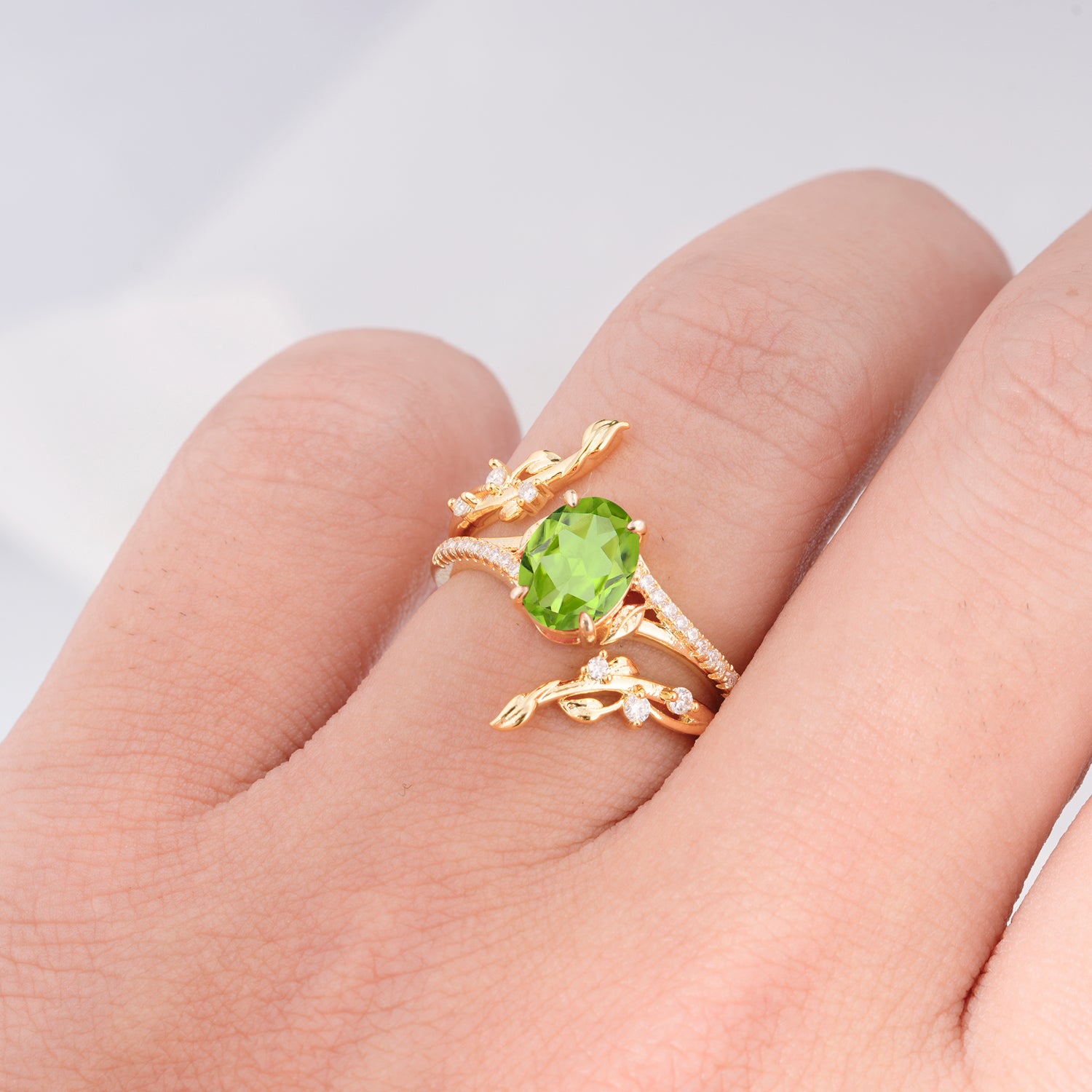 Nature-Inspired Oval Cut Peridot Bridal Ring Set for Proposa