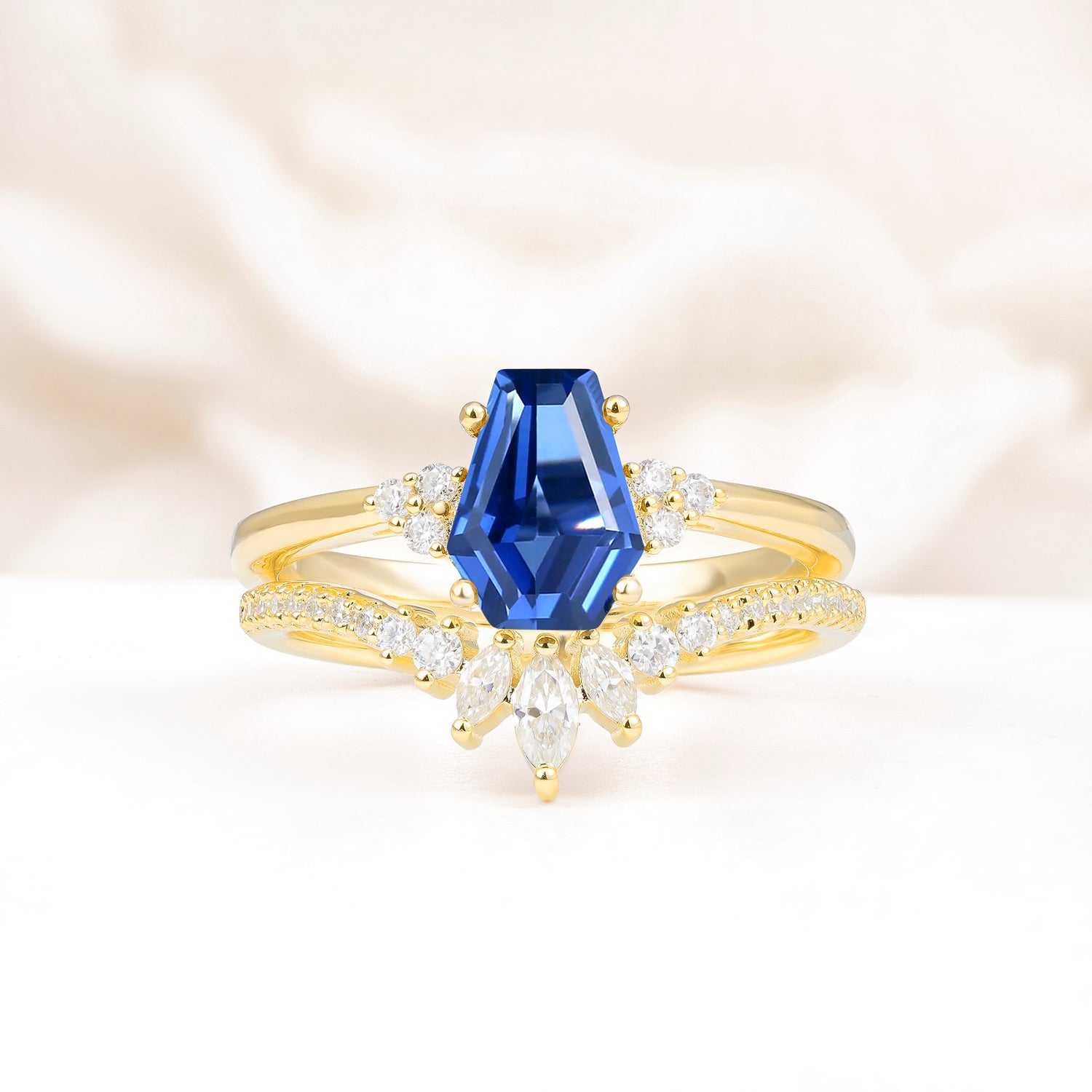 Unique and Luxurious Coffin Cut Sapphire Bridal Ring Set