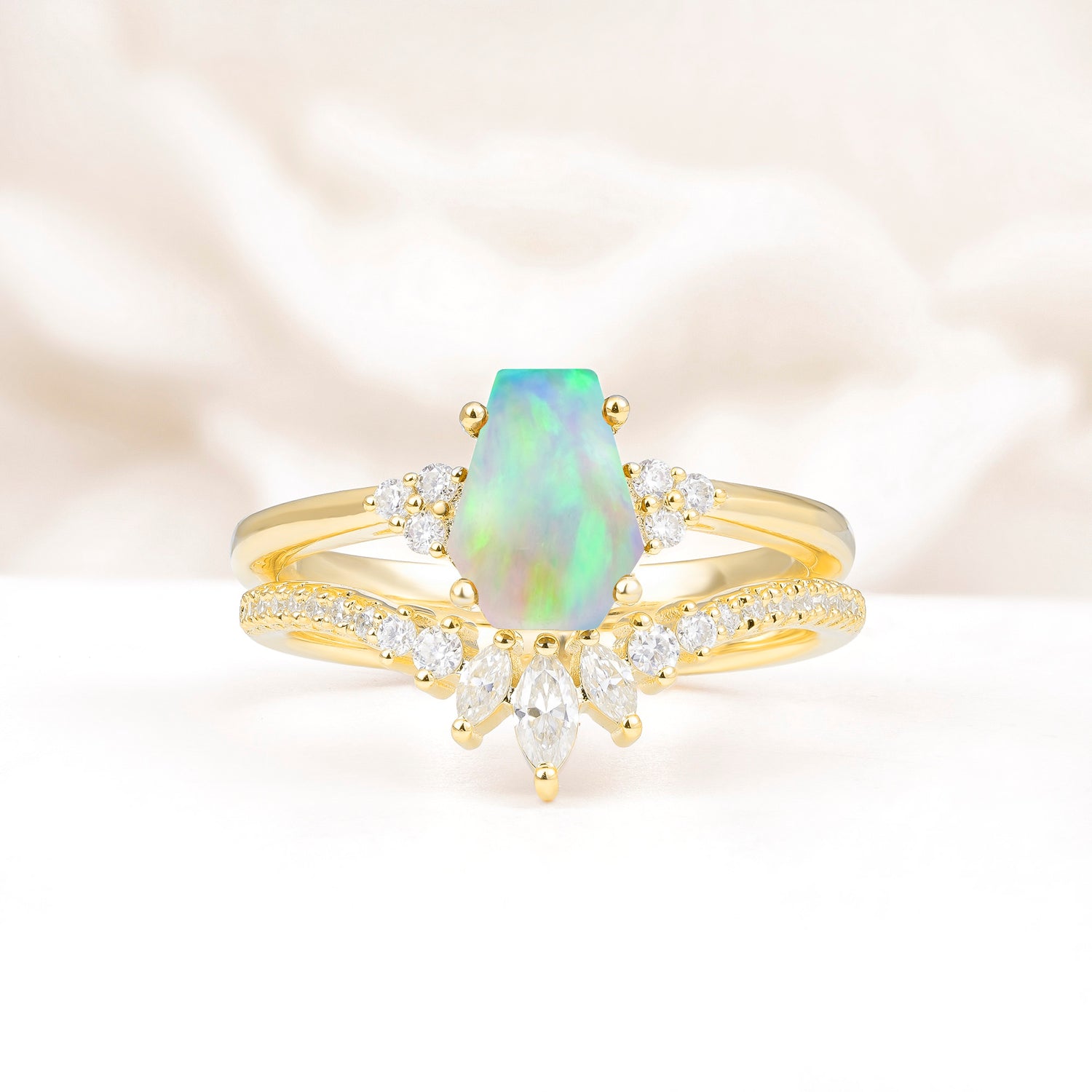 Unique and Luxurious Coffin Cut Opal Bridal Ring Set