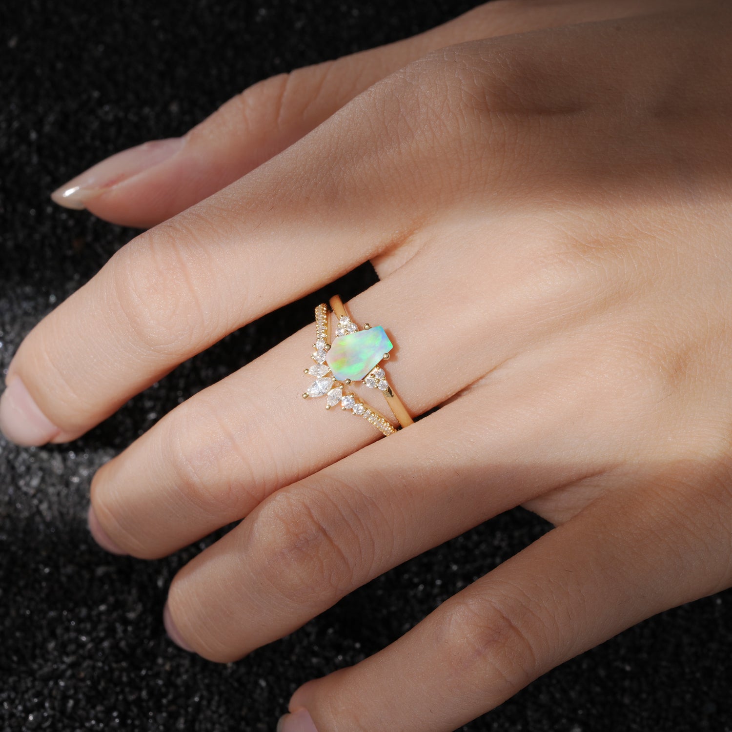 Unique and Luxurious Coffin Cut Opal Bridal Ring Set