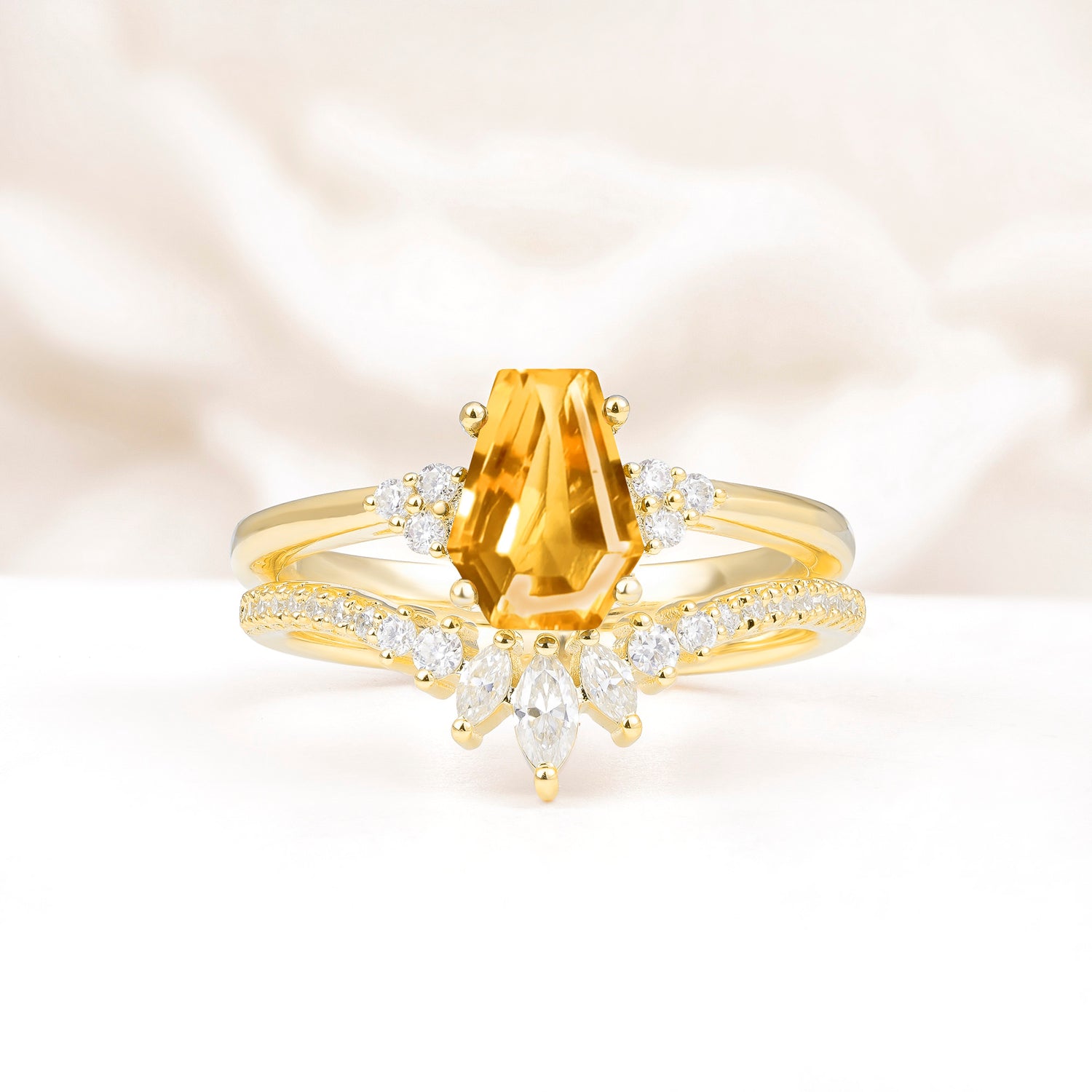 Unique and Luxurious Coffin Cut Citrine Bridal Ring Set
