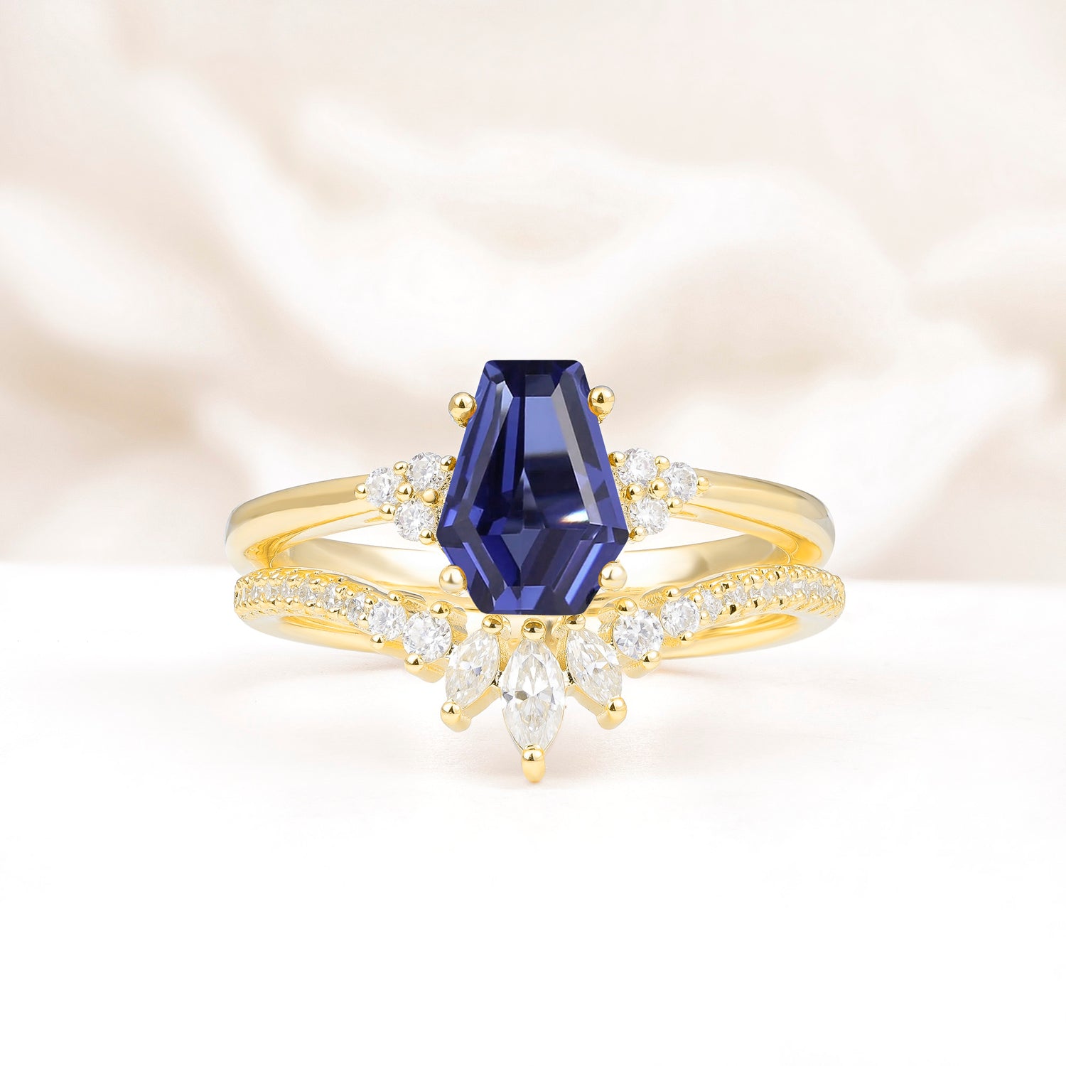 Unique and Luxurious Coffin Cut Tanzanite Bridal Ring Set