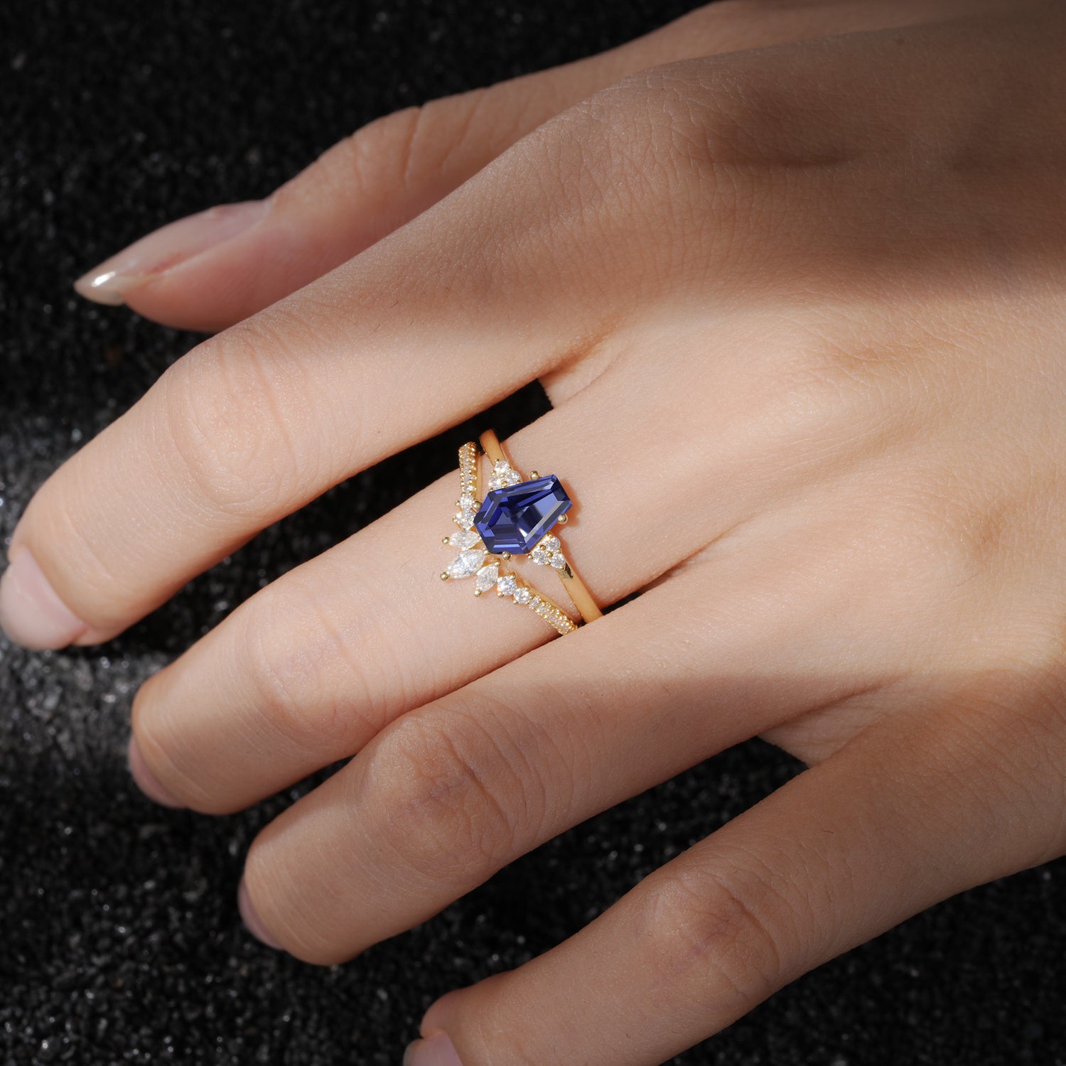 Unique and Luxurious Coffin Cut Tanzanite Bridal Ring Set