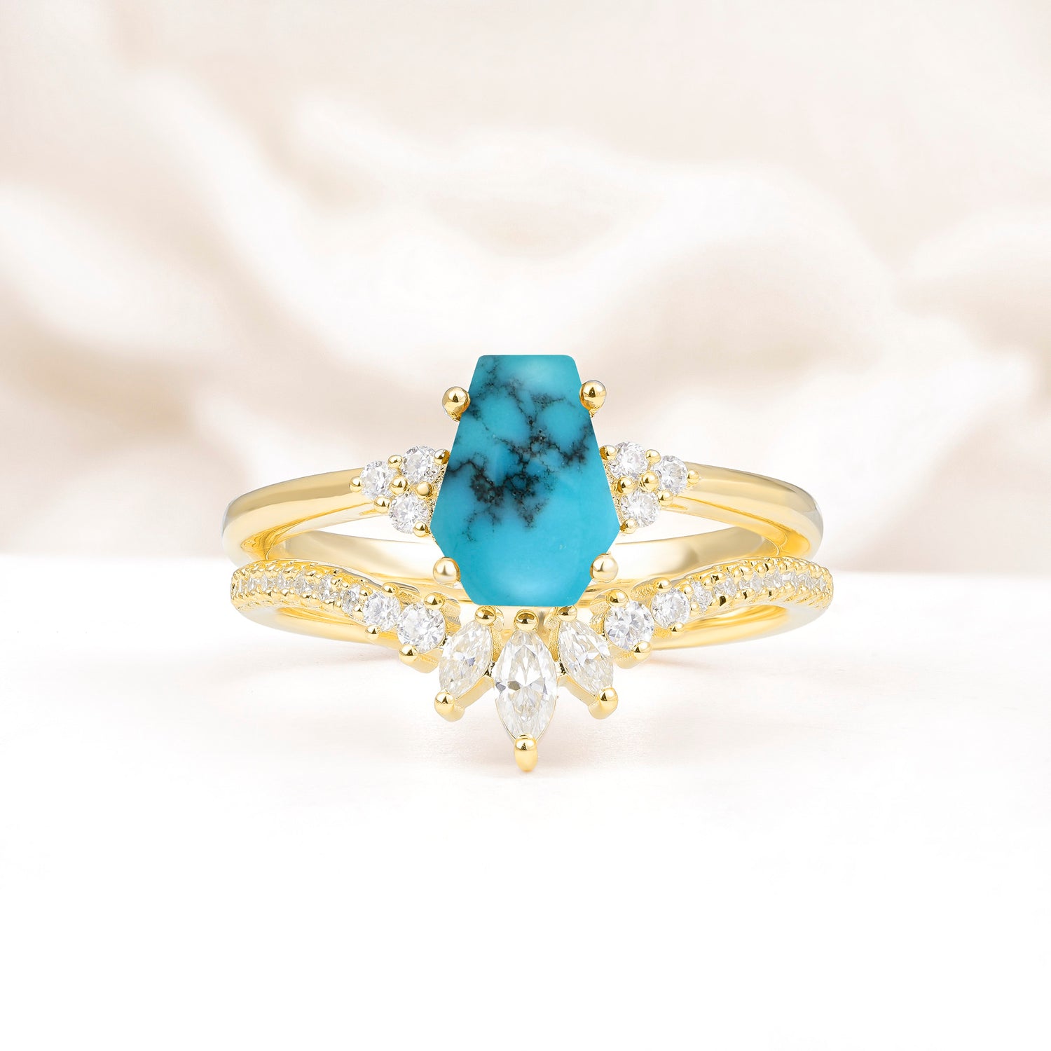 Unique and Luxurious Coffin Cut Turquoise Bridal Ring Set