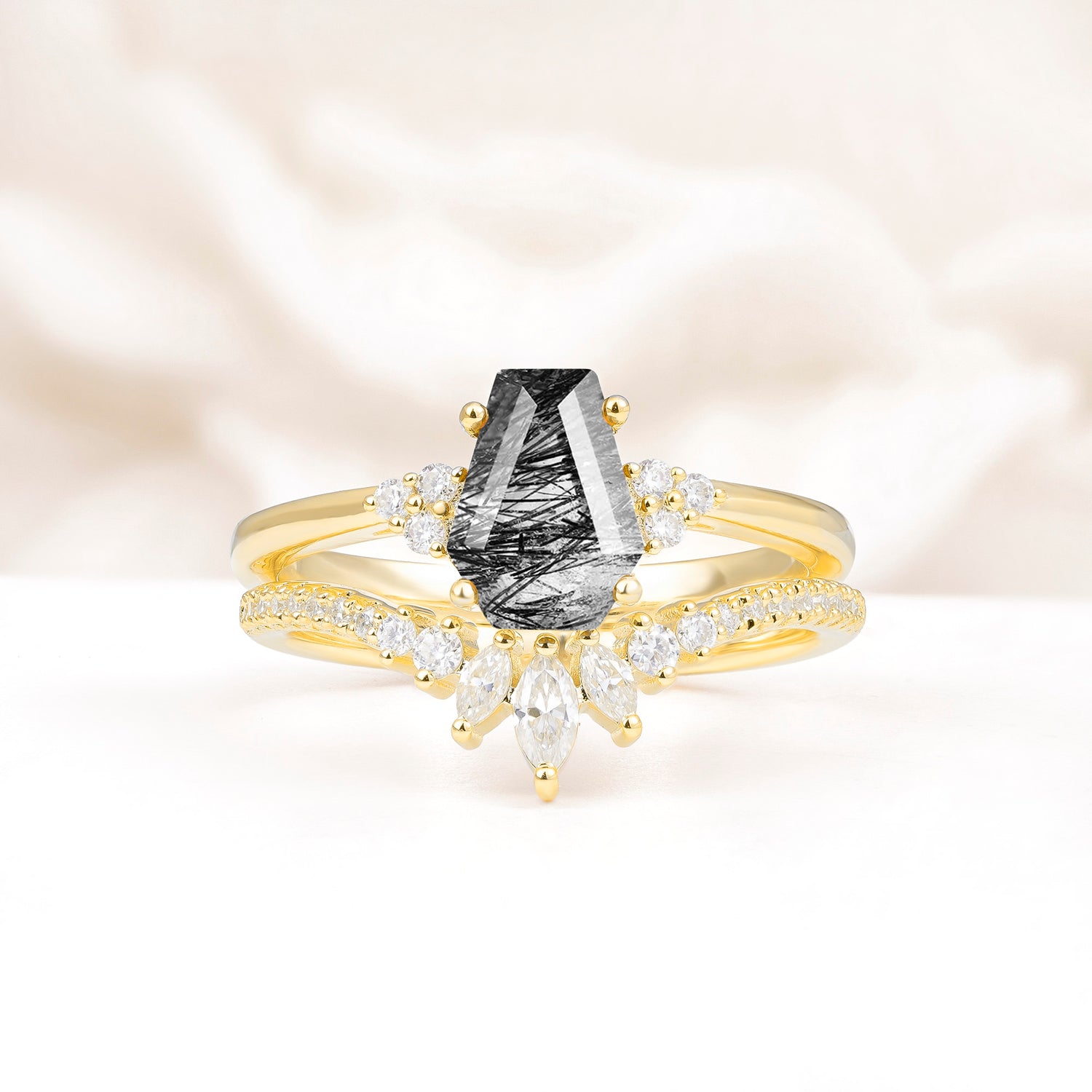 Unique and Luxurious Coffin Cut Black Rutilated Quartz Bridal Ring Set
