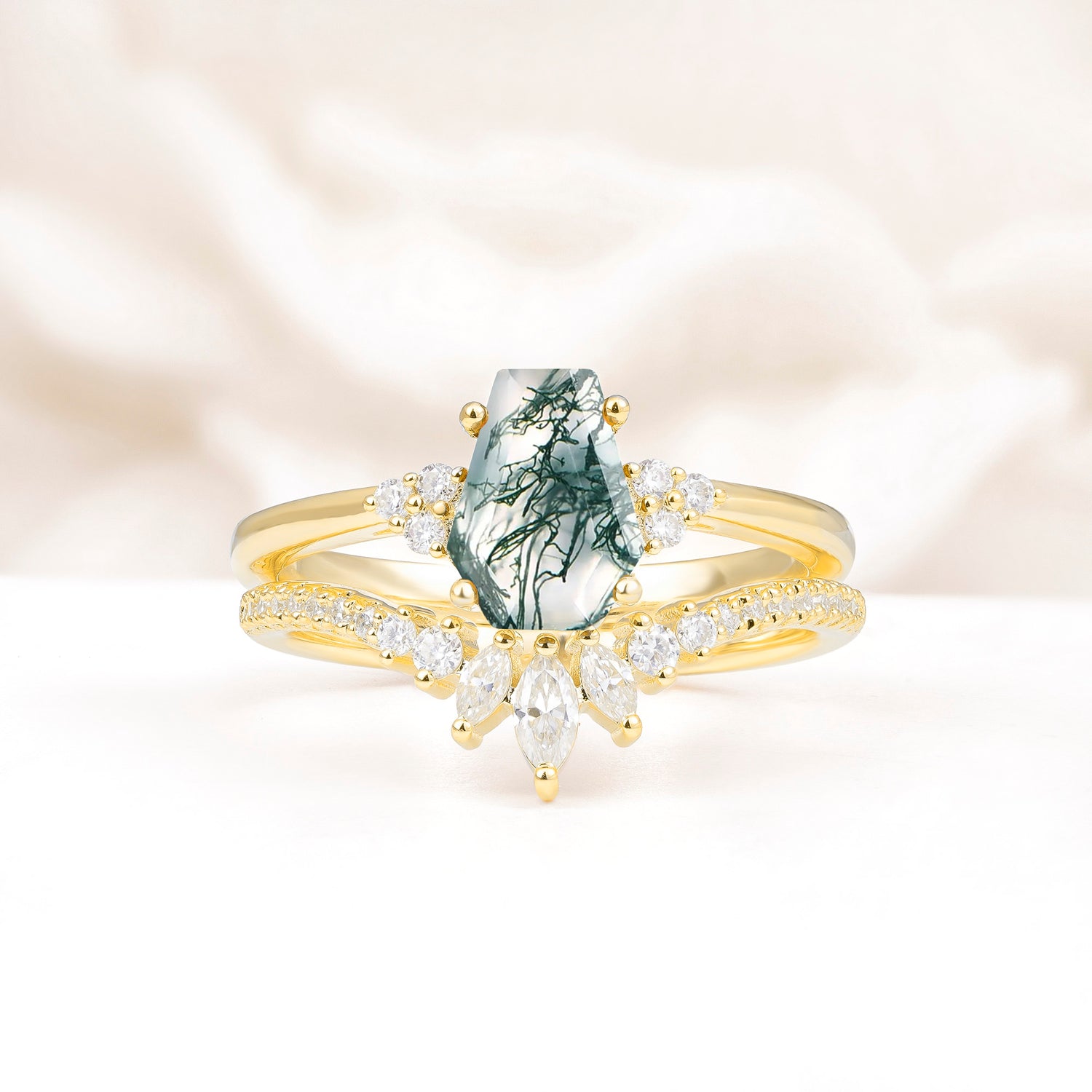 Unique and Luxurious Coffin Cut Moss Agate Bridal Ring Set