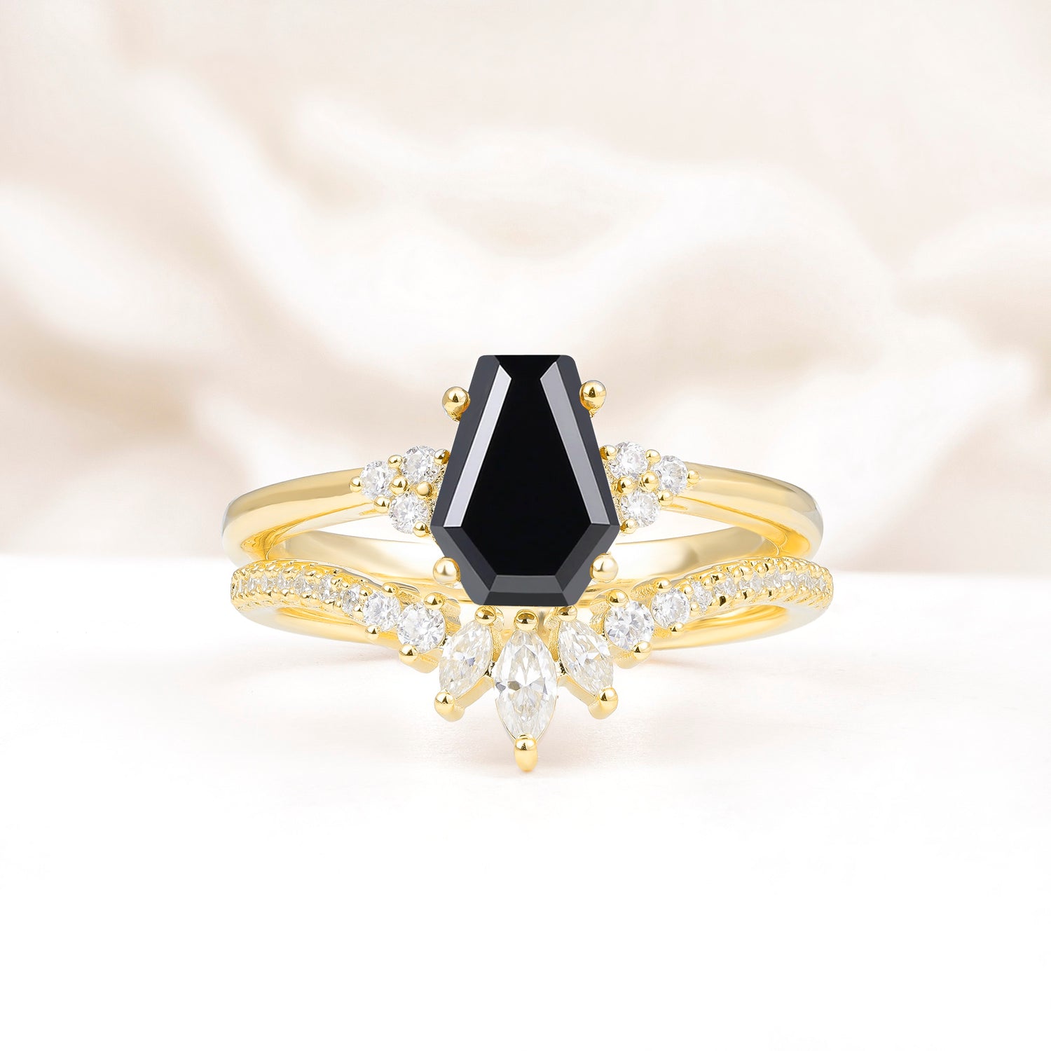 Unique and Luxurious Coffin Cut Black Onyx Bridal Ring Set