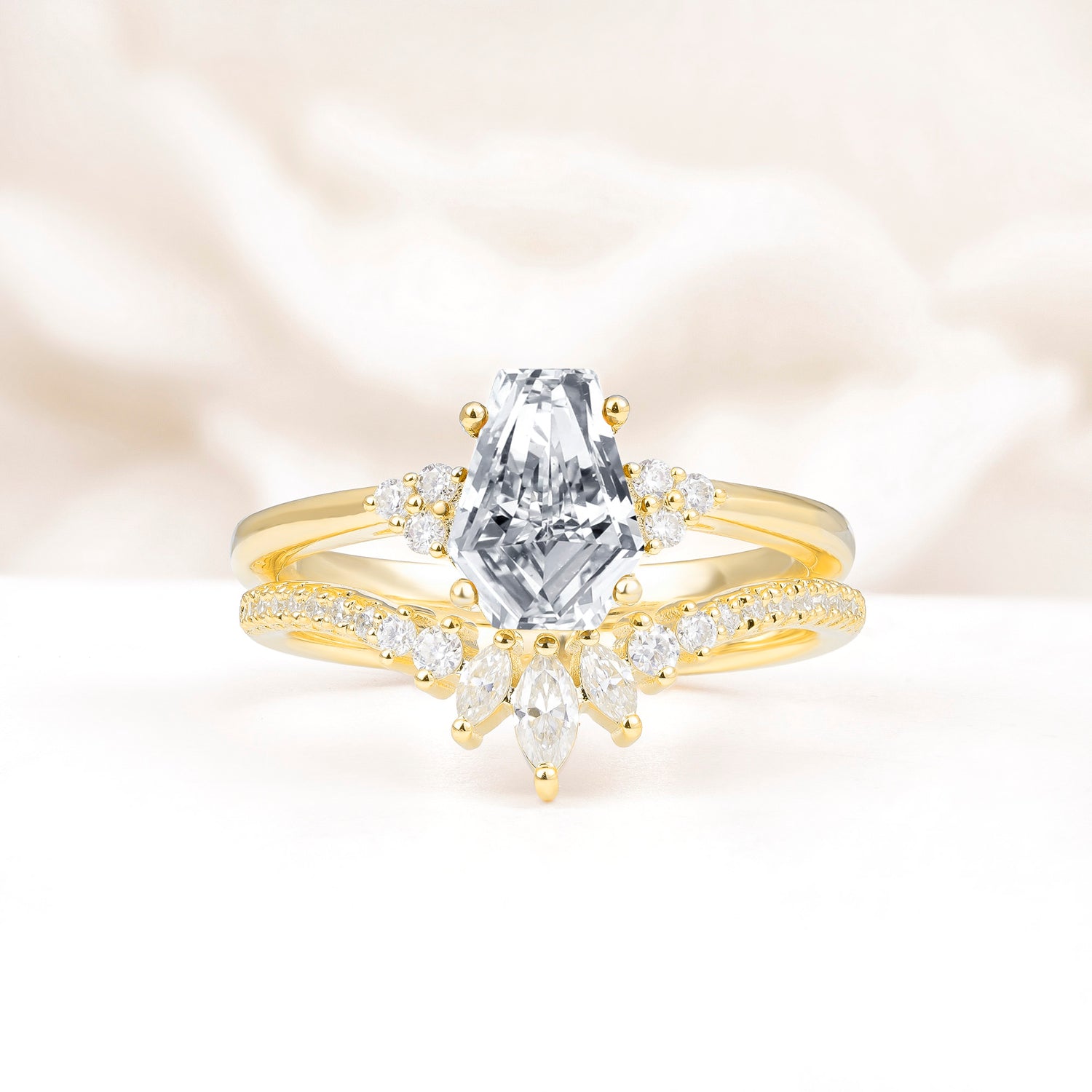 Unique and Luxurious Coffin Cut Lab Diamond Bridal Ring Set