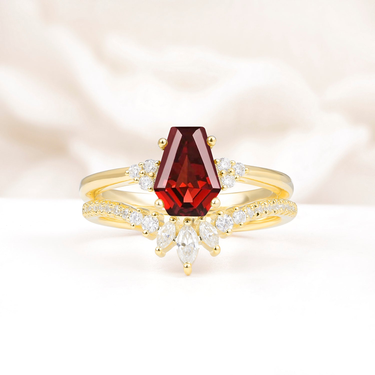 Unique and Luxurious Coffin Cut Garnet Bridal Ring Set