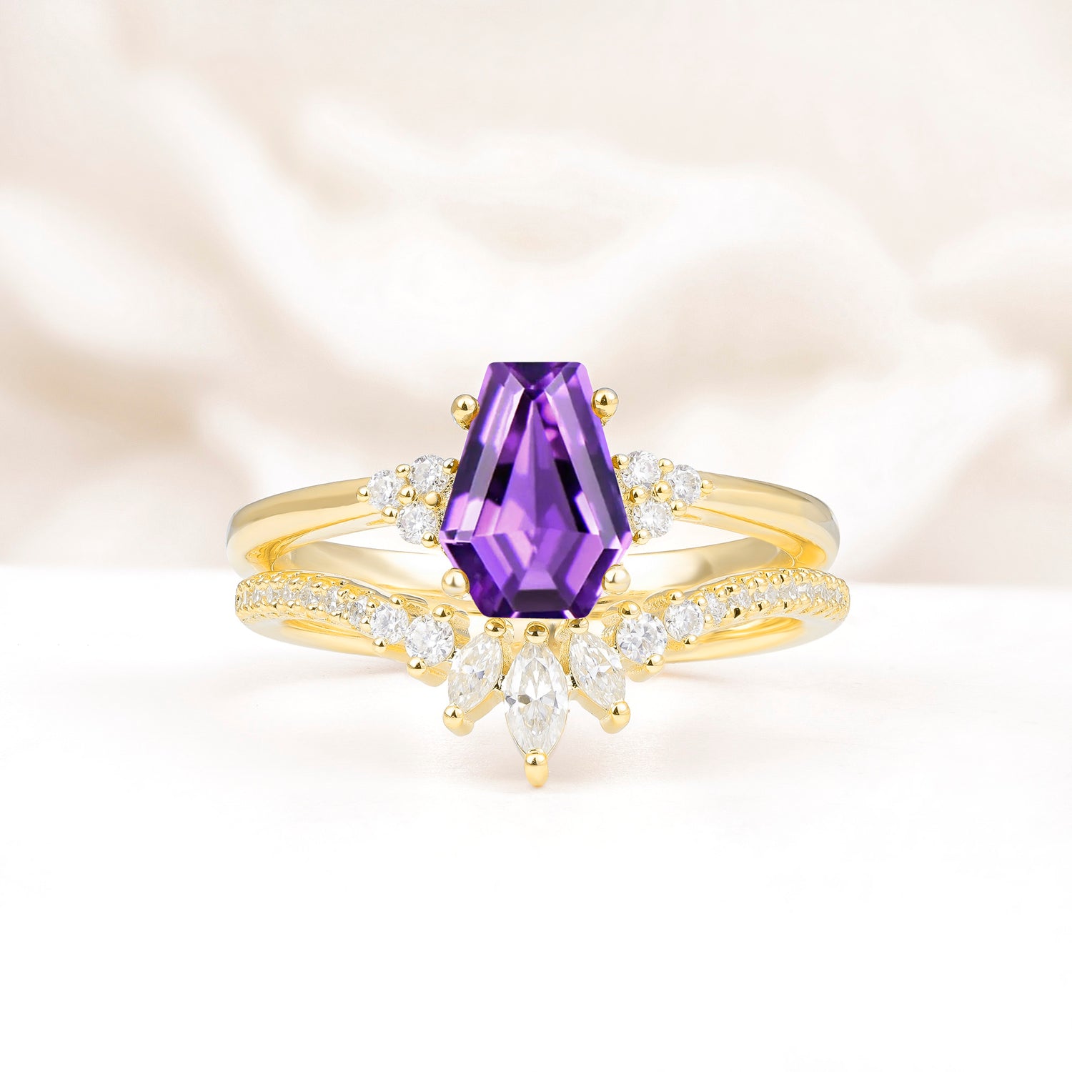 Unique and Luxurious Coffin Cut Amethyst Bridal Ring Set