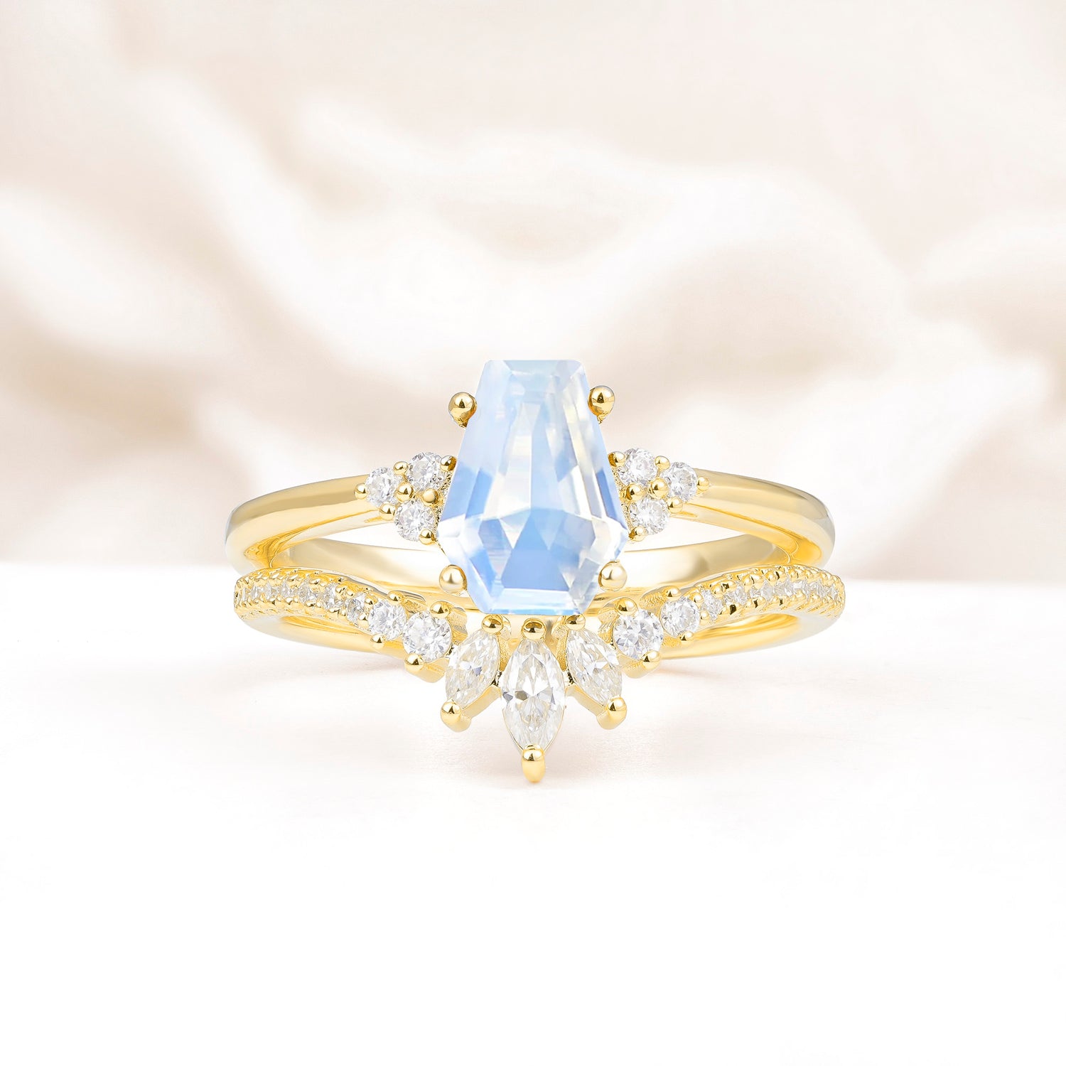 Unique and Luxurious Coffin Cut Moonstone Bridal Ring Set