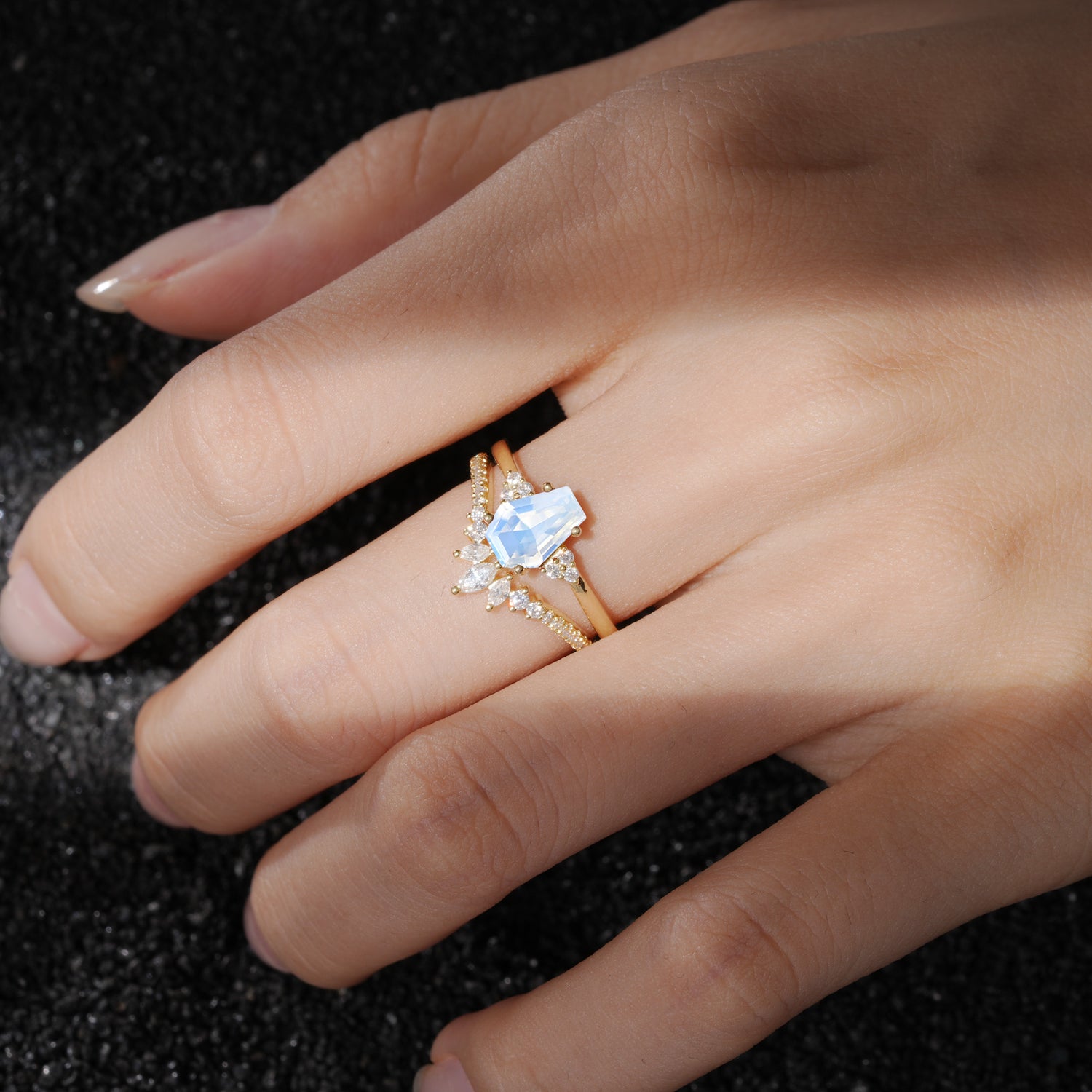 Unique and Luxurious Coffin Cut Moonstone Bridal Ring Set