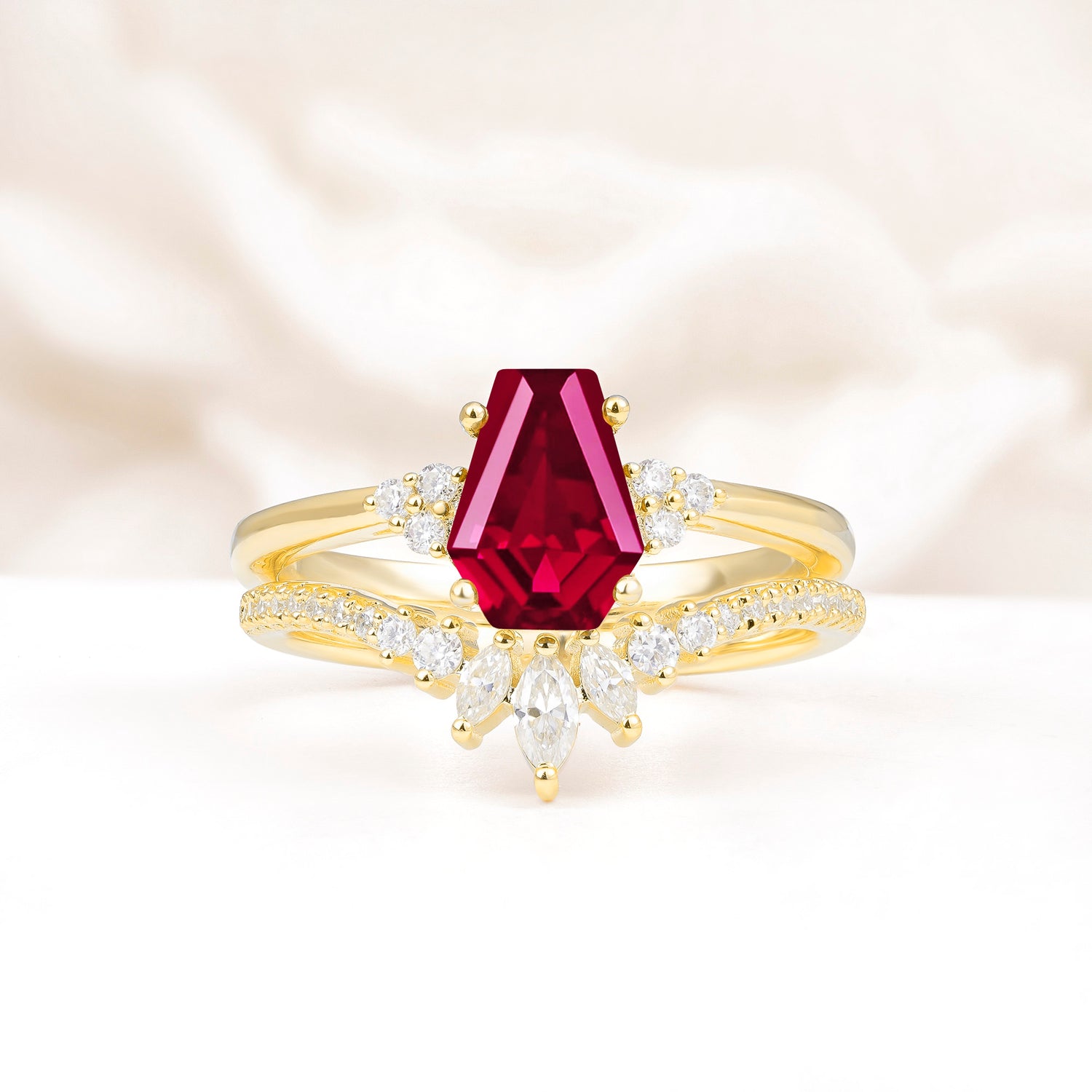 Unique and Luxurious Coffin Cut Ruby Bridal Ring Set
