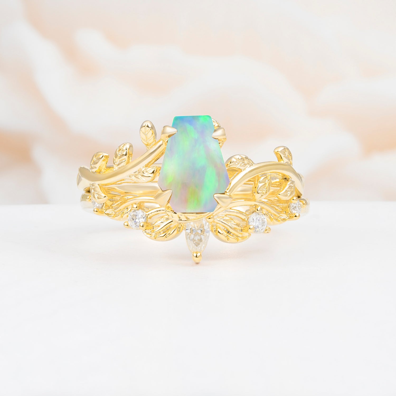 Nature-Inspired Design Coffin Cut Opal Bridal Ring Set
