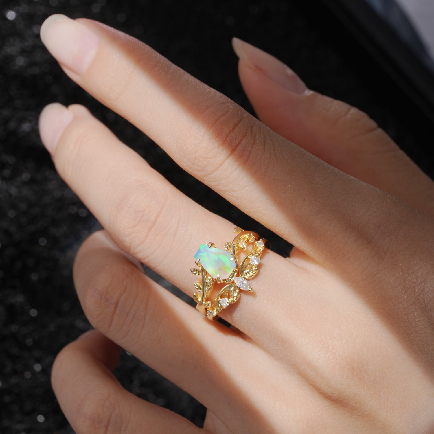 Nature-Inspired Design Coffin Cut Opal Bridal Ring Set
