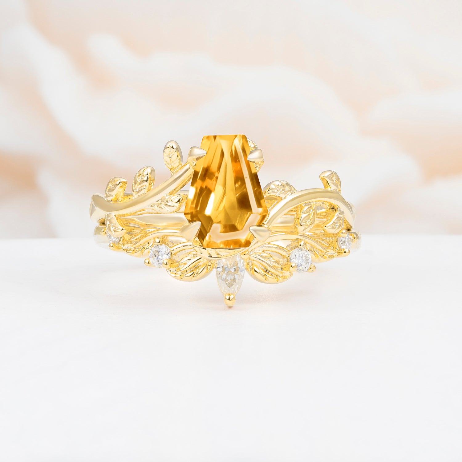 Nature-Inspired Design Coffin Cut Citrine Bridal Ring Set