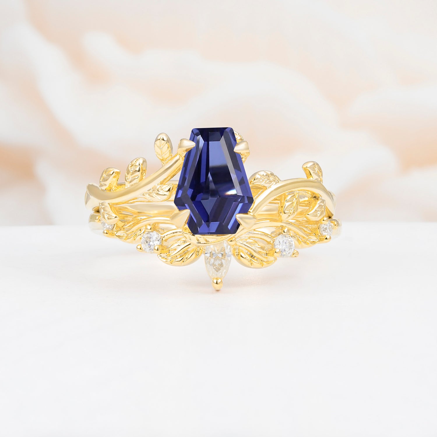Nature-Inspired Design Coffin Cut Tanzanite Bridal Ring Set