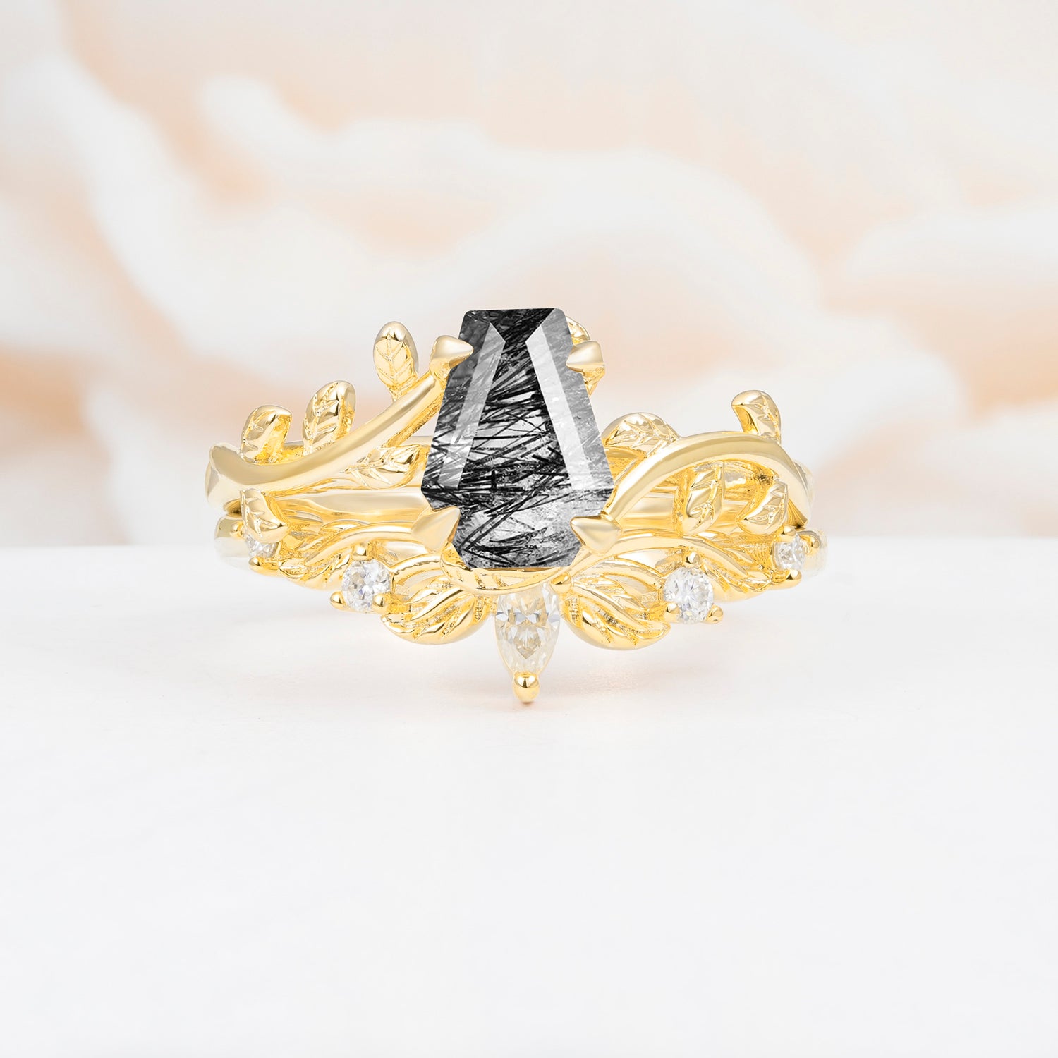 Nature-Inspired Design Coffin Cut Black Rutilated Quartz Bridal Ring Set