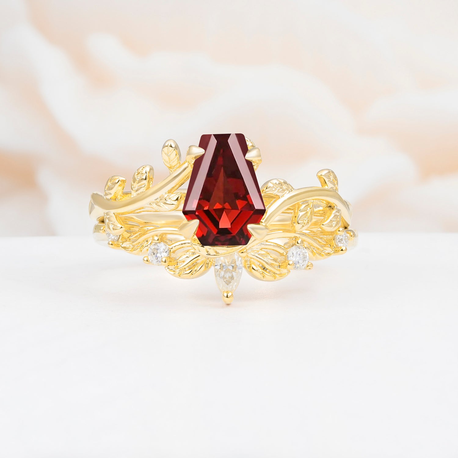 Nature-Inspired Design Coffin Cut Garnet Bridal Ring Set