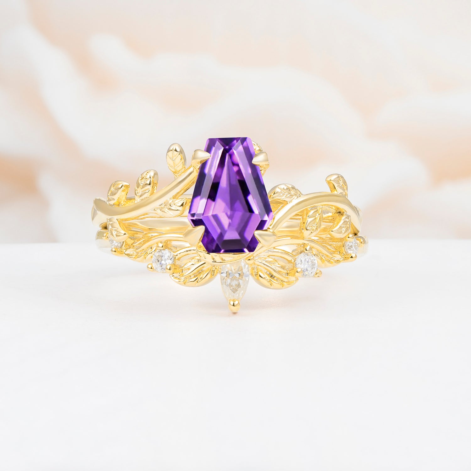 Nature-Inspired Design Coffin Cut Amethyst Bridal Ring Set