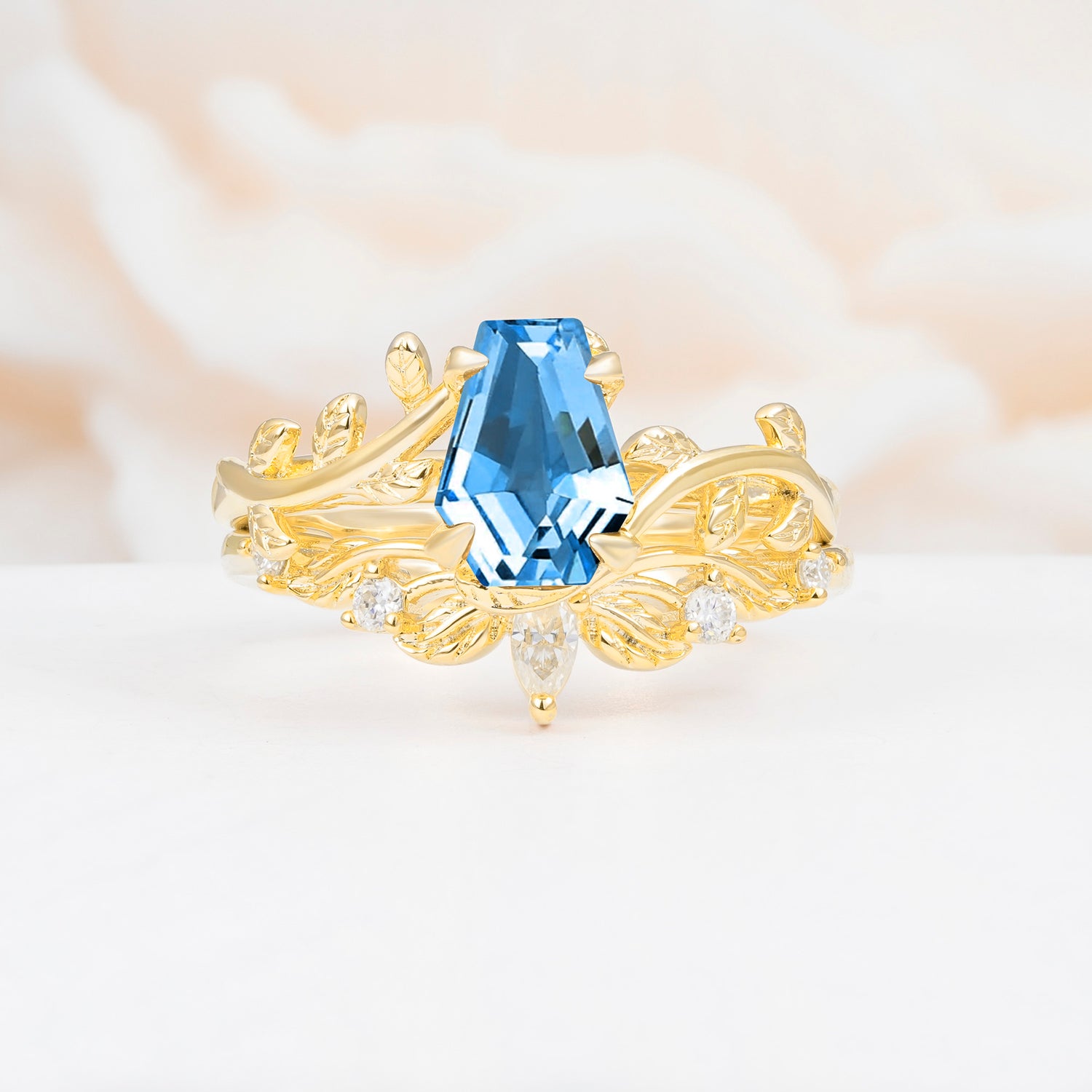 Nature-Inspired Design Coffin Cut Aquamarine Bridal Ring Set