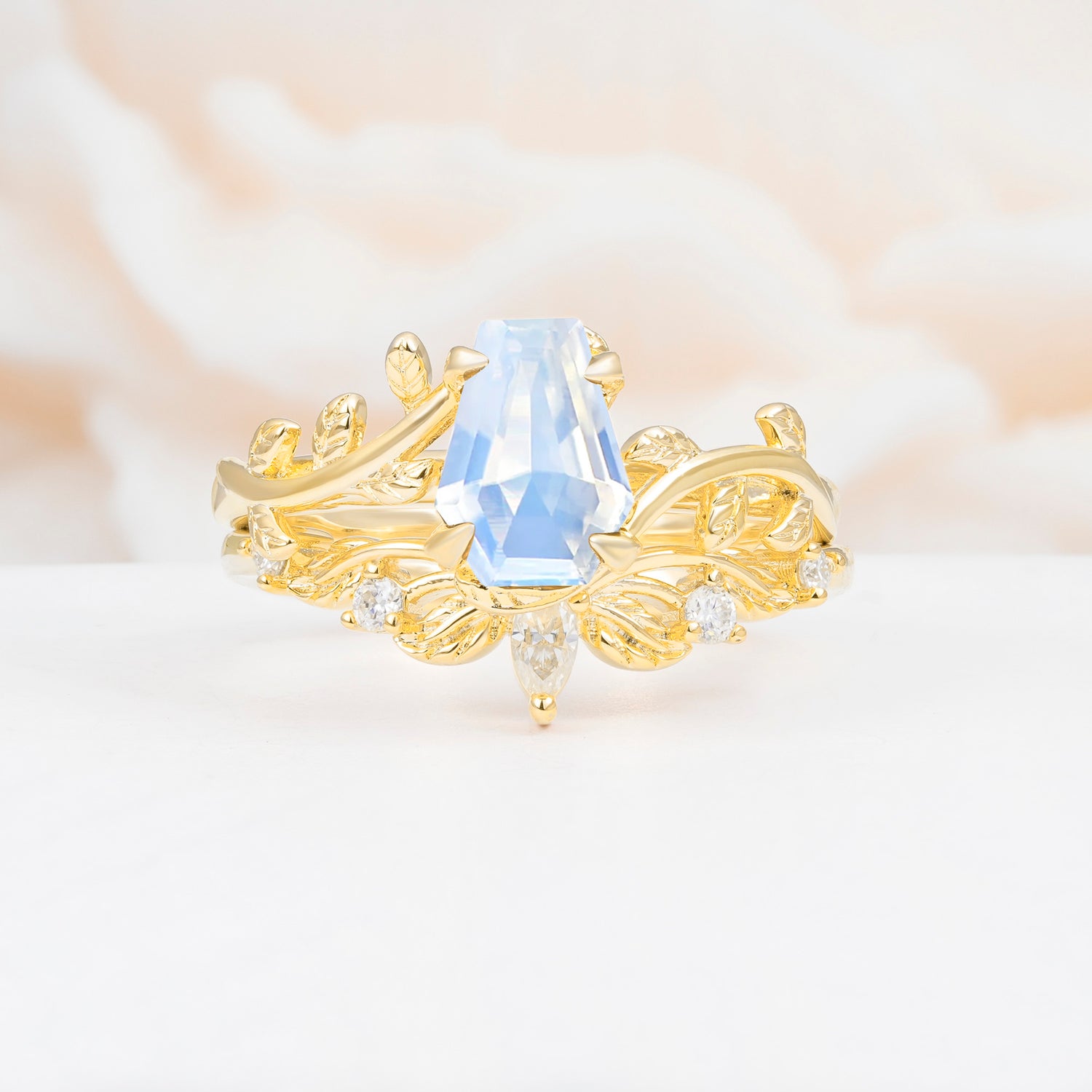 Nature-Inspired Design Coffin Cut Moonstone Bridal Ring Set