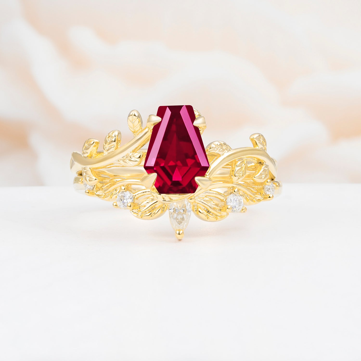 Nature-Inspired Design Coffin Cut Ruby Bridal Ring Set