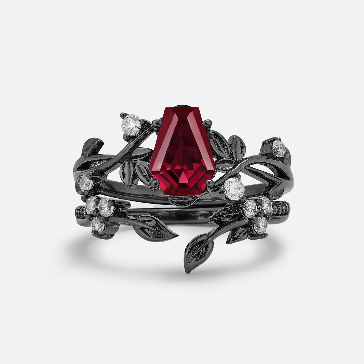 Halloween Coffin Cut Ruby Twig Bridal Ring Set