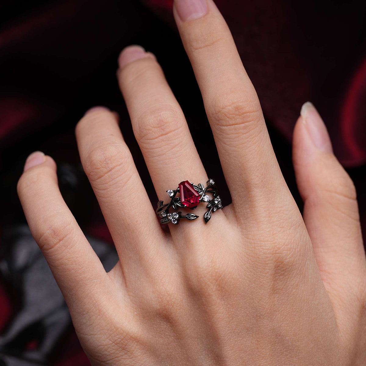 Halloween Coffin Cut Ruby Twig Bridal Ring Set
