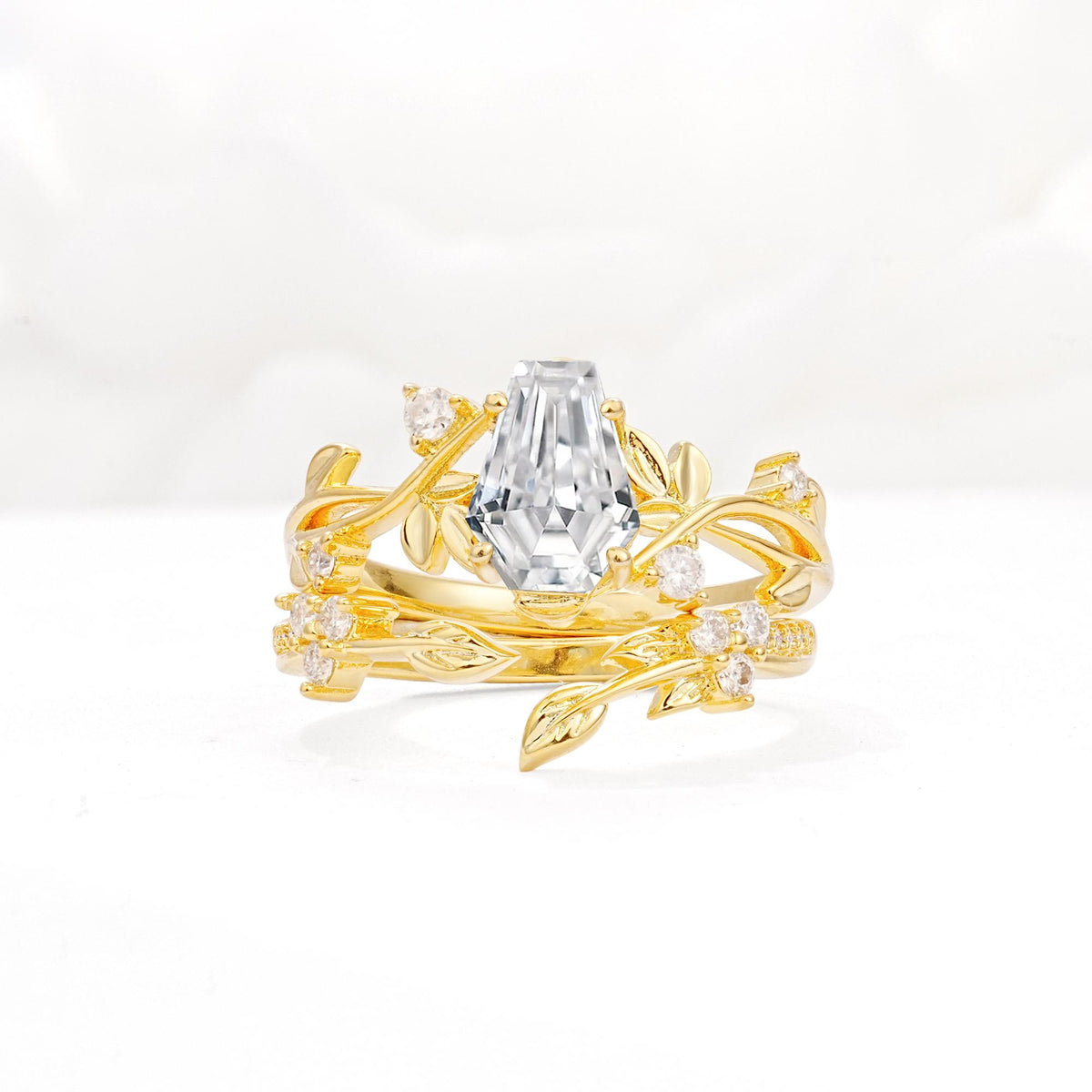 Nature-Inspired Coffin Cut Moissanite Engagement Ring Set with Leaf Accents - Yellow-Gold