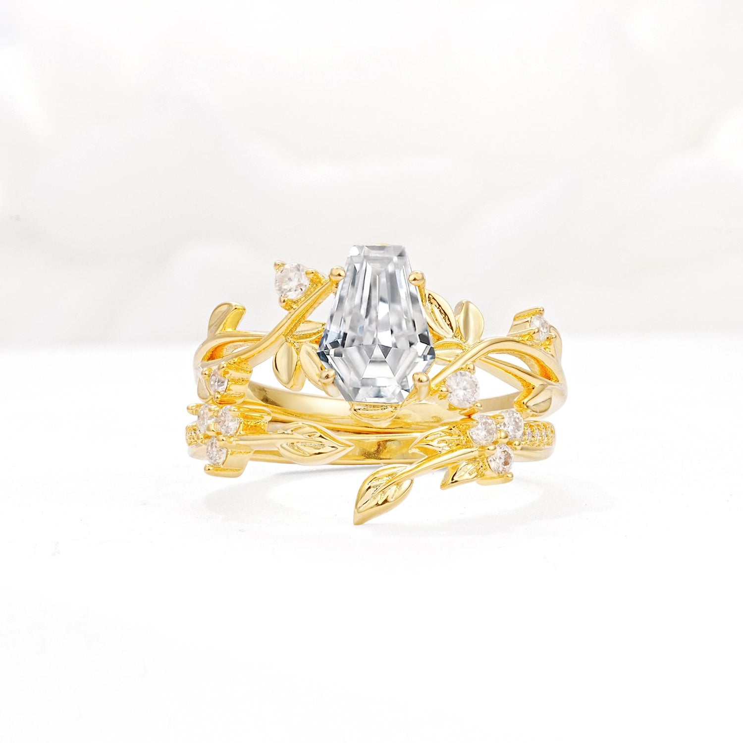 Nature-Inspired Coffin Cut Moissanite Engagement Ring Set with Leaf Accents - Yellow-Gold